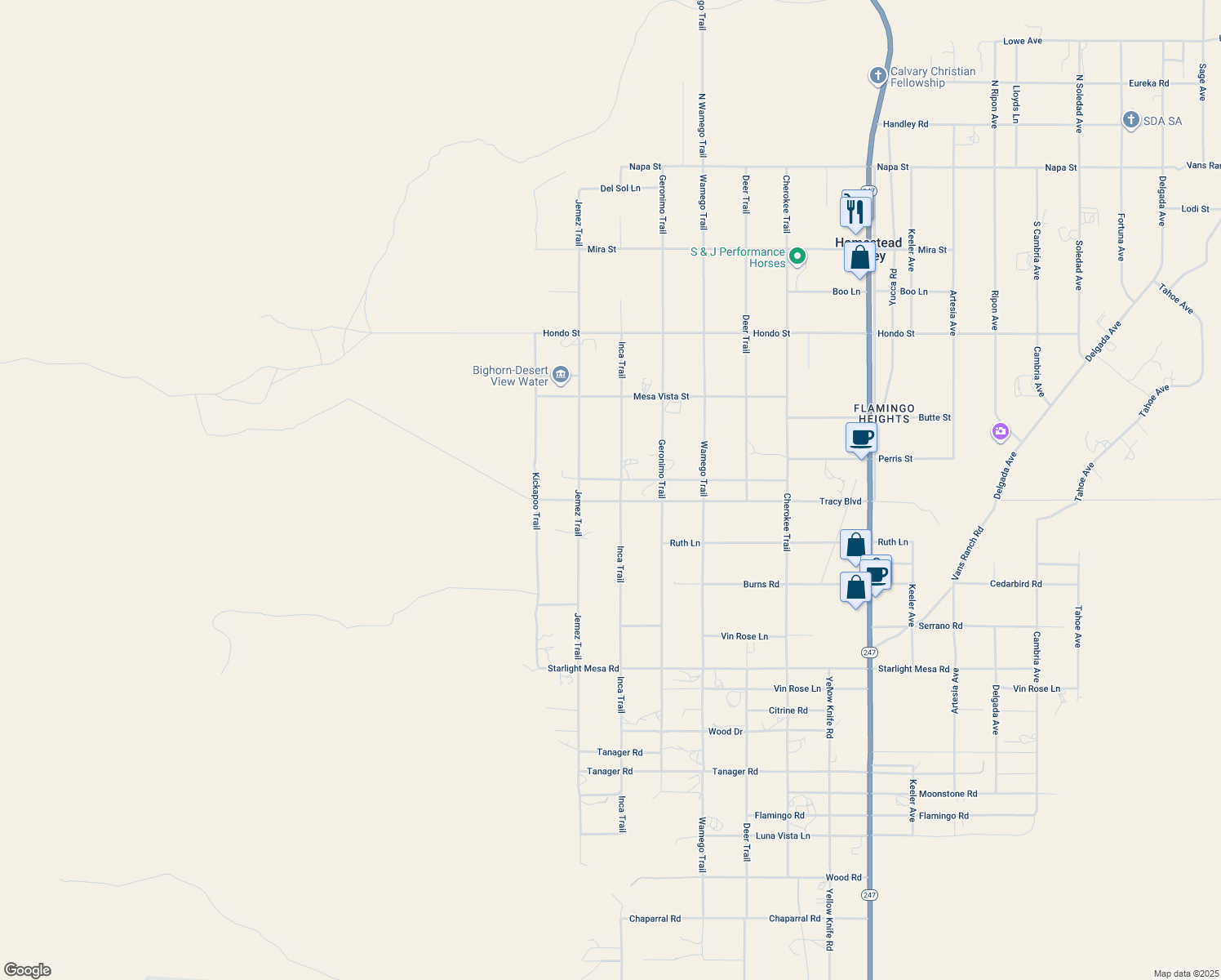 map of restaurants, bars, coffee shops, grocery stores, and more near 880 Inca Trail in Yucca Valley