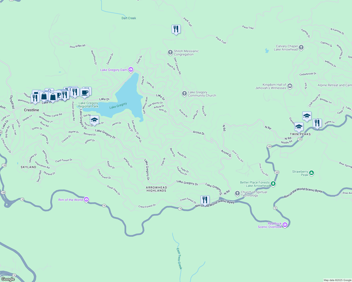 map of restaurants, bars, coffee shops, grocery stores, and more near Acacia Drive in Crestline