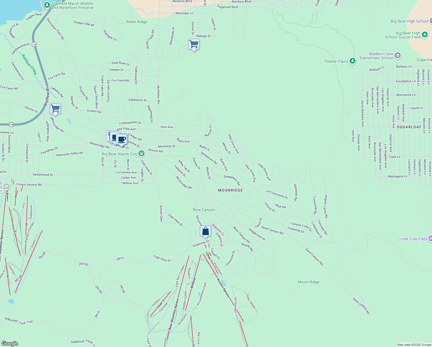map of restaurants, bars, coffee shops, grocery stores, and more near 1240 Sheephorn Road in Big Bear Lake