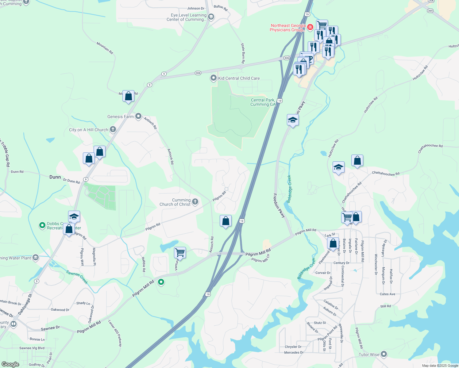 map of restaurants, bars, coffee shops, grocery stores, and more near 2650 Centerwood Lane in Cumming