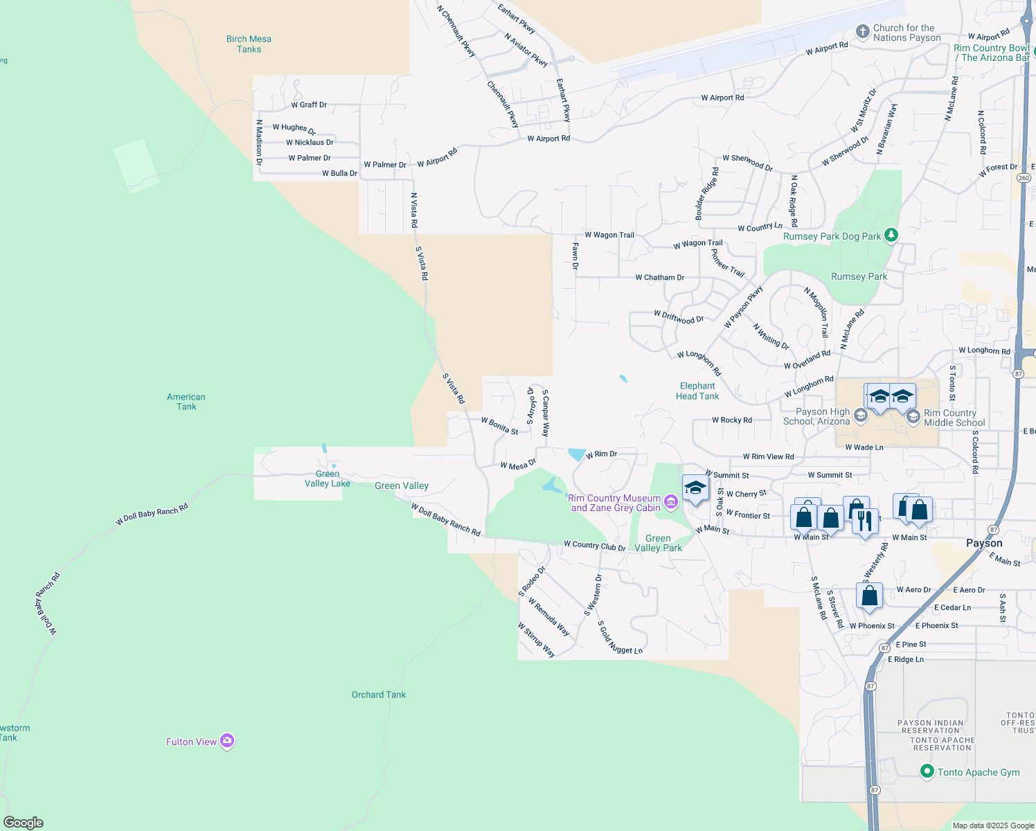 map of restaurants, bars, coffee shops, grocery stores, and more near 301 South Brassie Drive in Payson