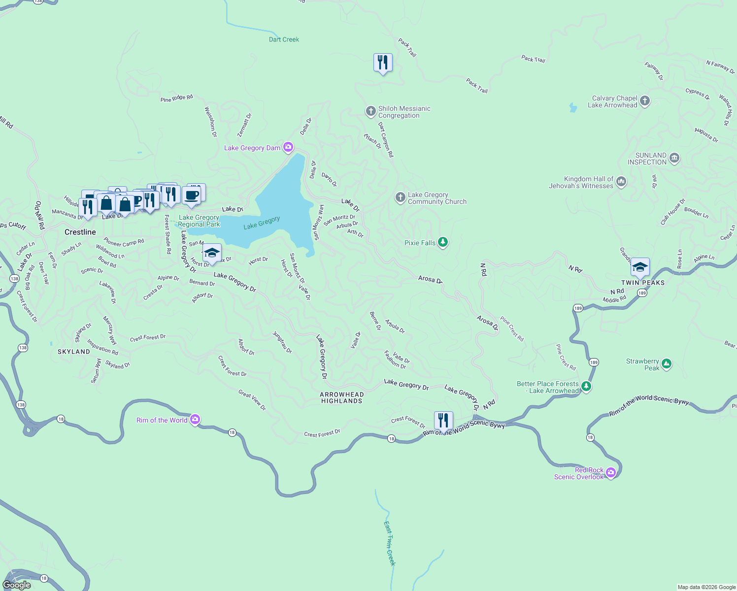 map of restaurants, bars, coffee shops, grocery stores, and more near 854 Arbula Drive in Crestline