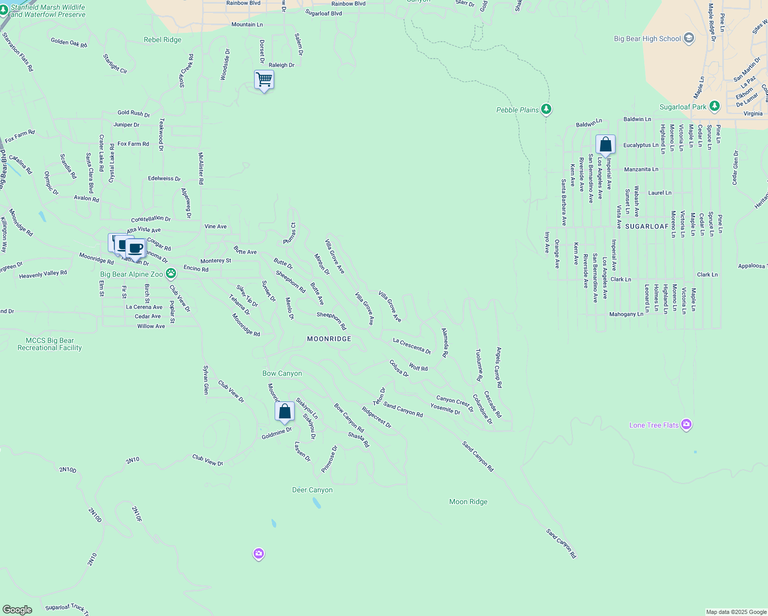 map of restaurants, bars, coffee shops, grocery stores, and more near 1324 Flintridge Avenue in Big Bear