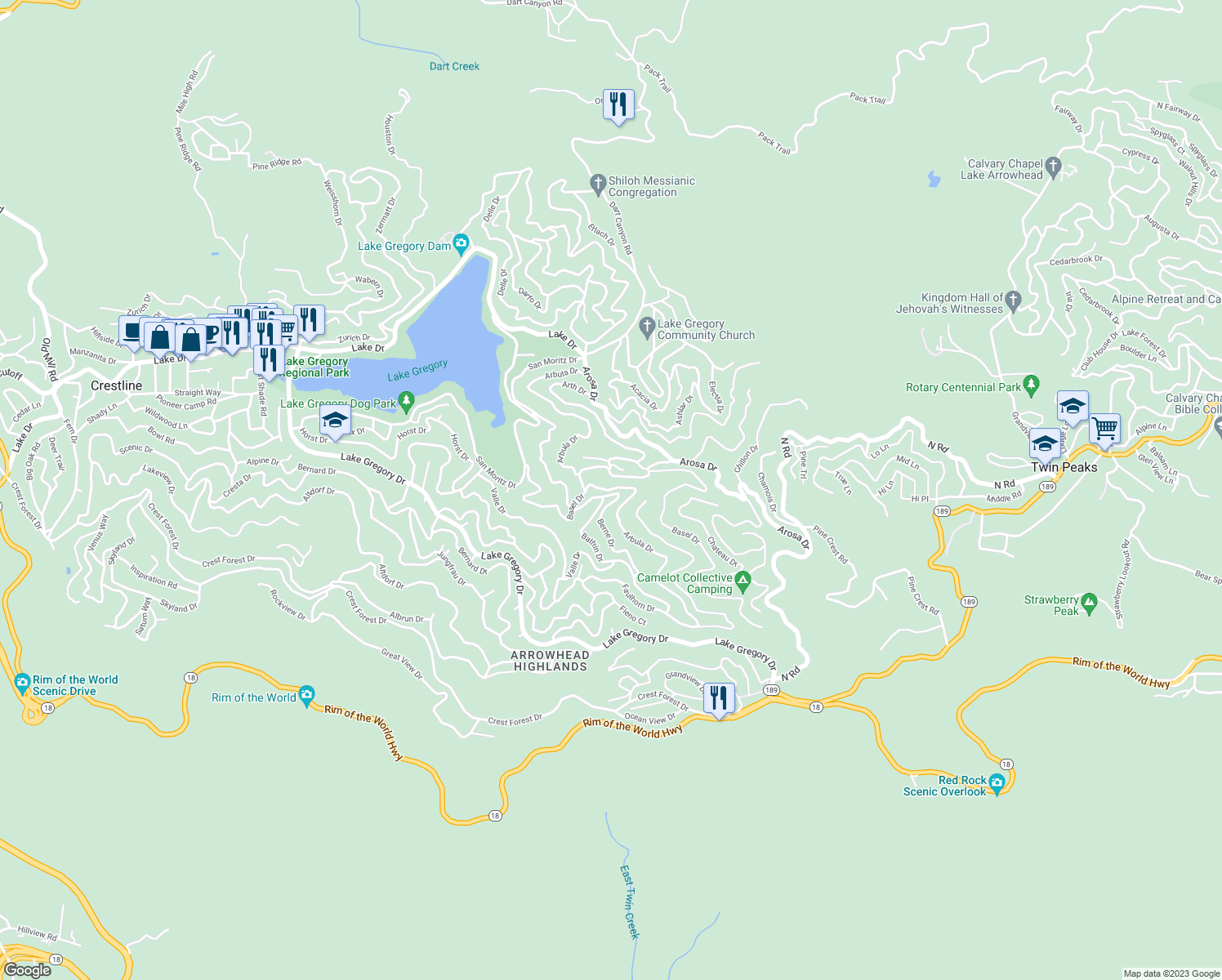 map of restaurants, bars, coffee shops, grocery stores, and more near Arbula Drive in Crestline