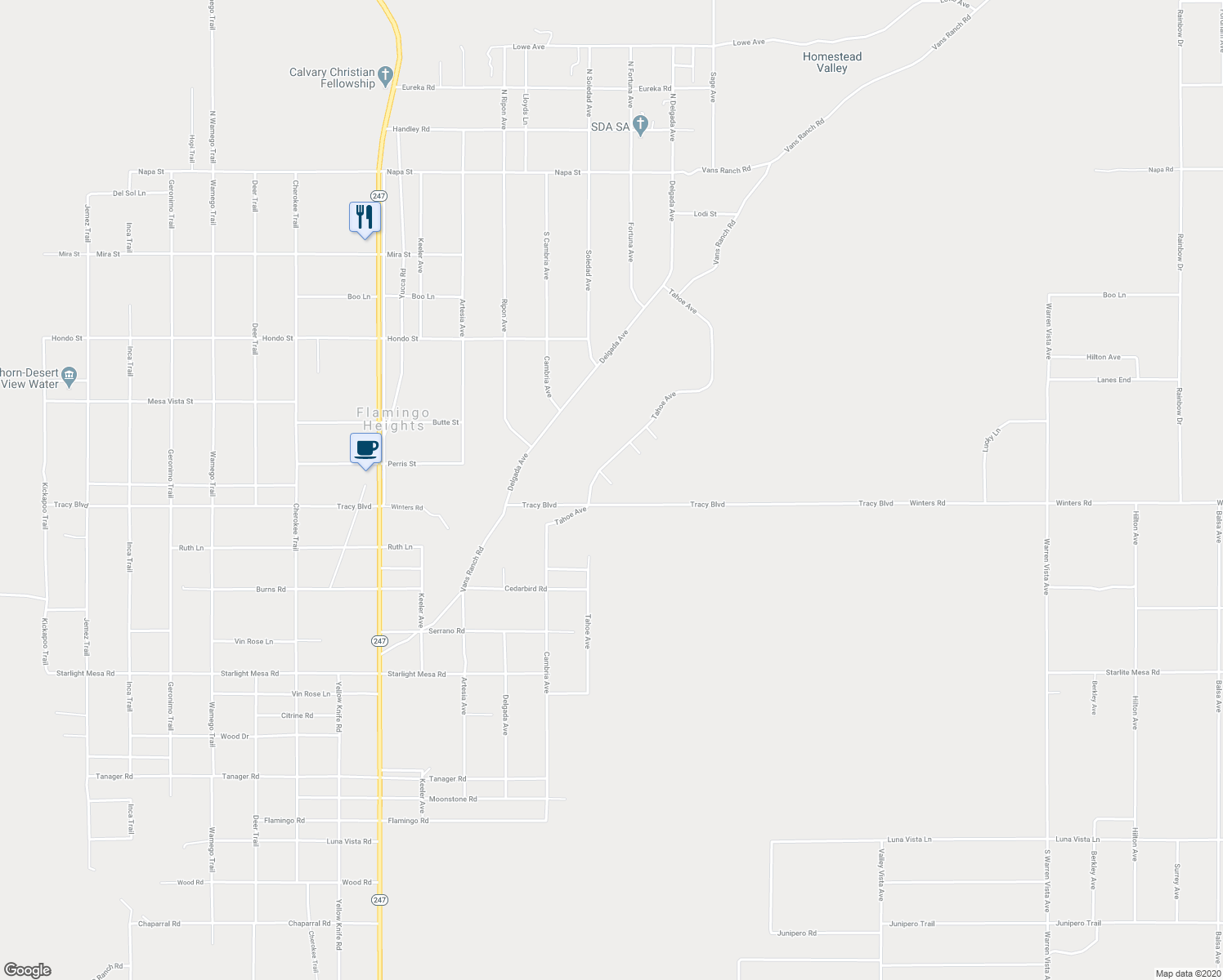map of restaurants, bars, coffee shops, grocery stores, and more near 833 Tahoe Avenue in Yucca Valley