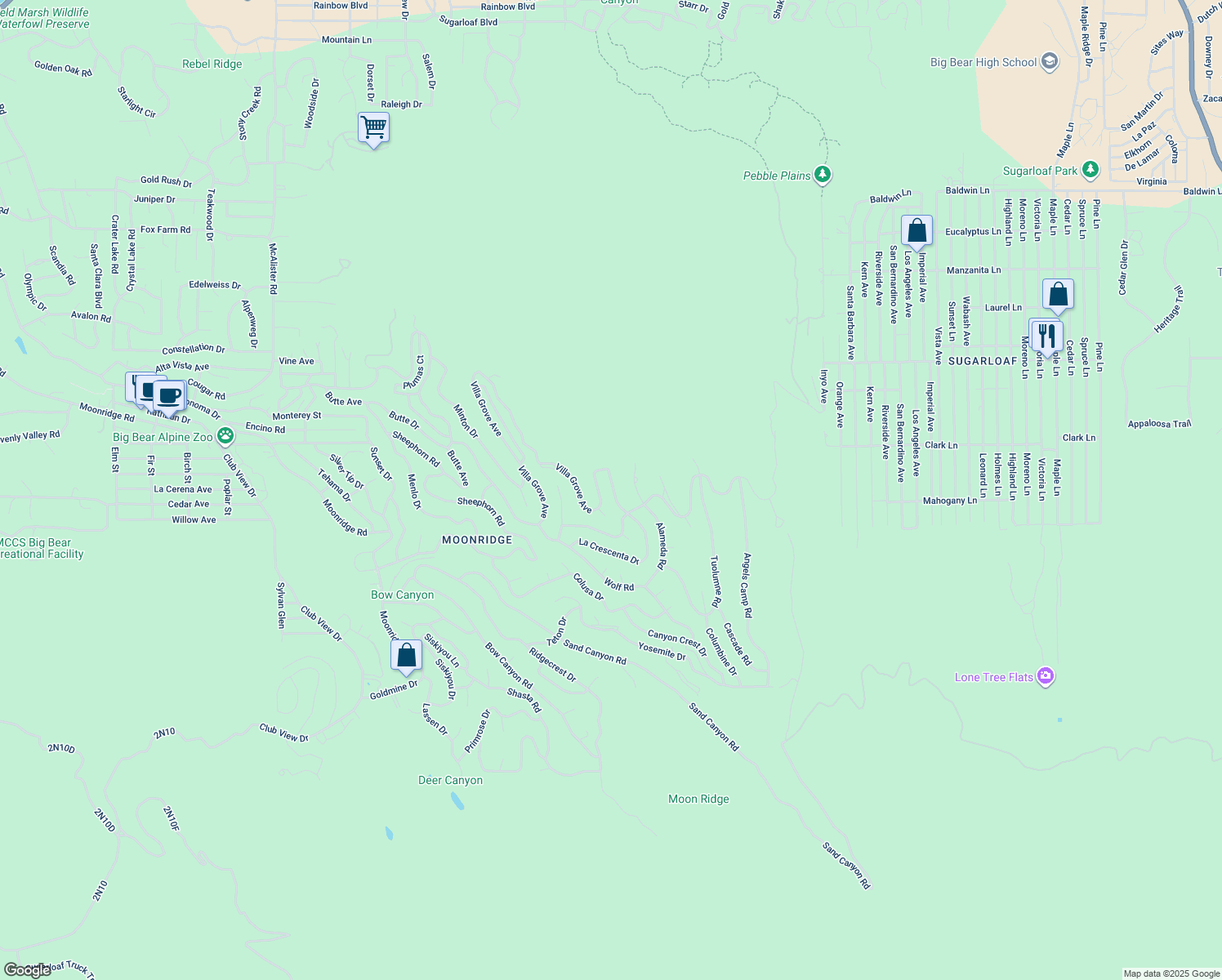 map of restaurants, bars, coffee shops, grocery stores, and more near 1328 Crescenta Drive in Big Bear