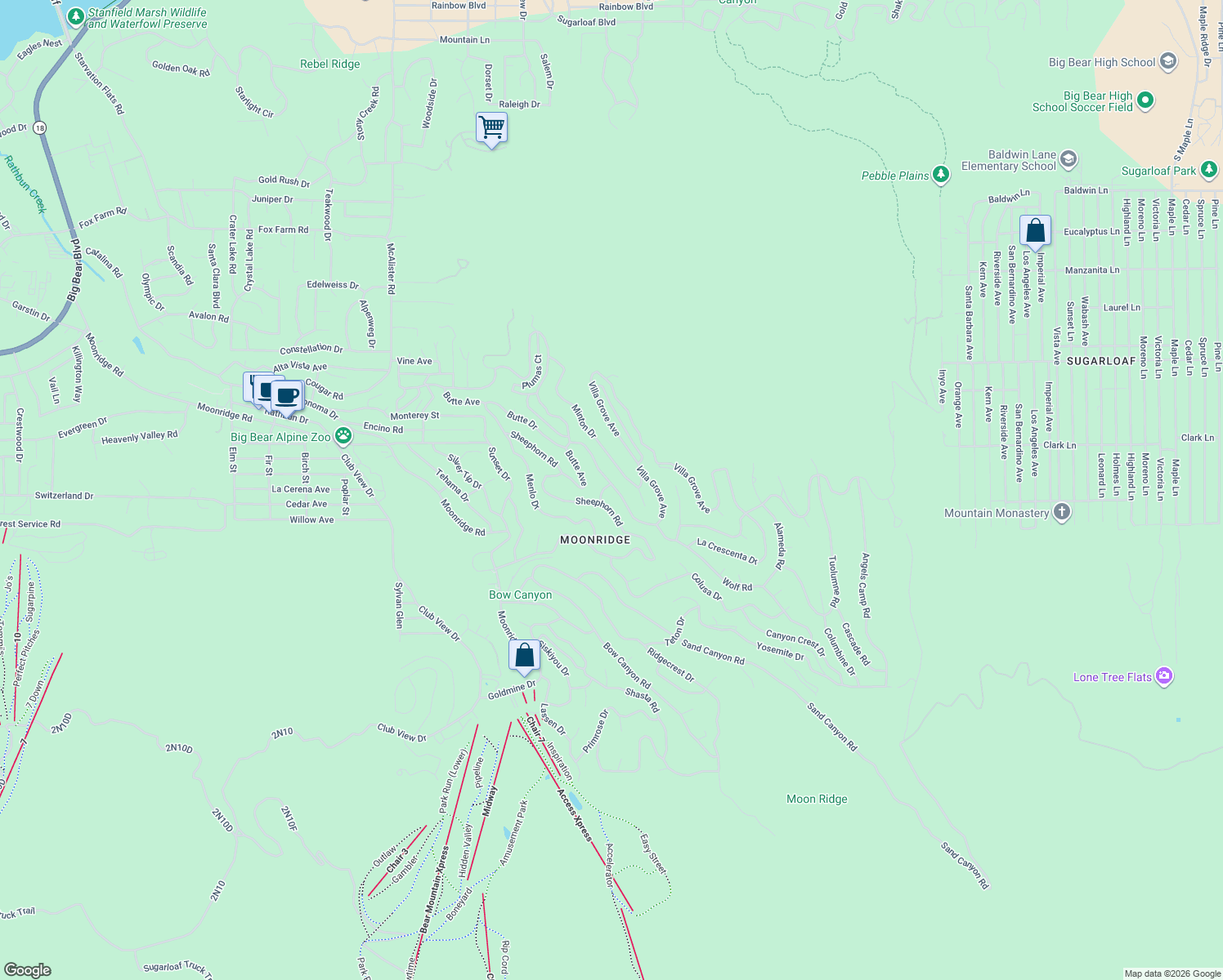 map of restaurants, bars, coffee shops, grocery stores, and more near 677 Villa Grove Avenue in Big Bear Lake
