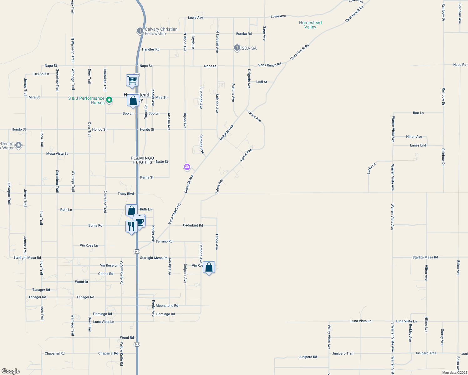 map of restaurants, bars, coffee shops, grocery stores, and more near in Yucca Valley