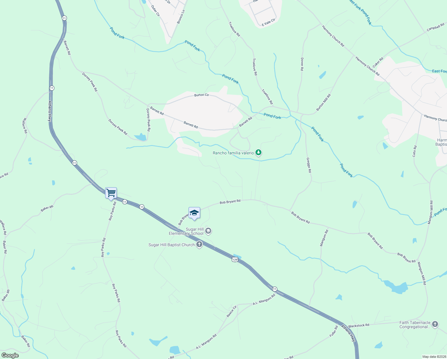 map of restaurants, bars, coffee shops, grocery stores, and more near 3451 Sugar Hill Way in Gainesville