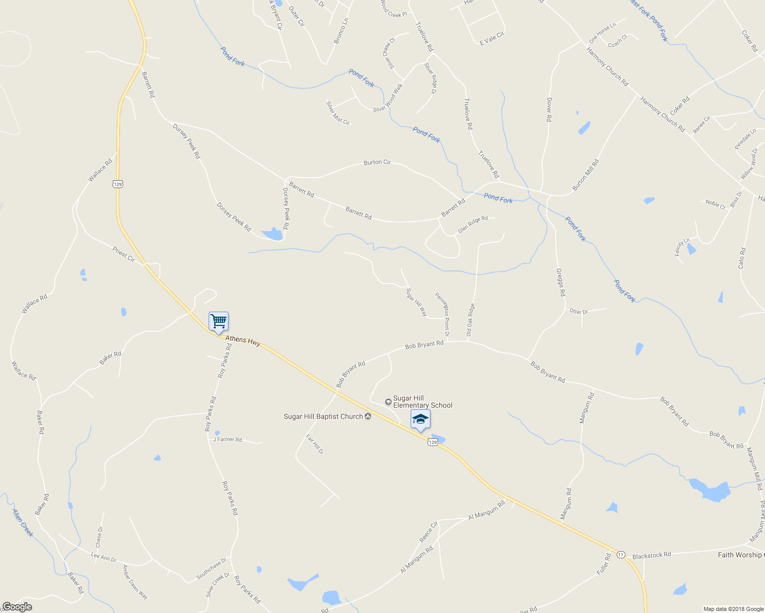 map of restaurants, bars, coffee shops, grocery stores, and more near 3335 Bob Bryant Road in Gainesville