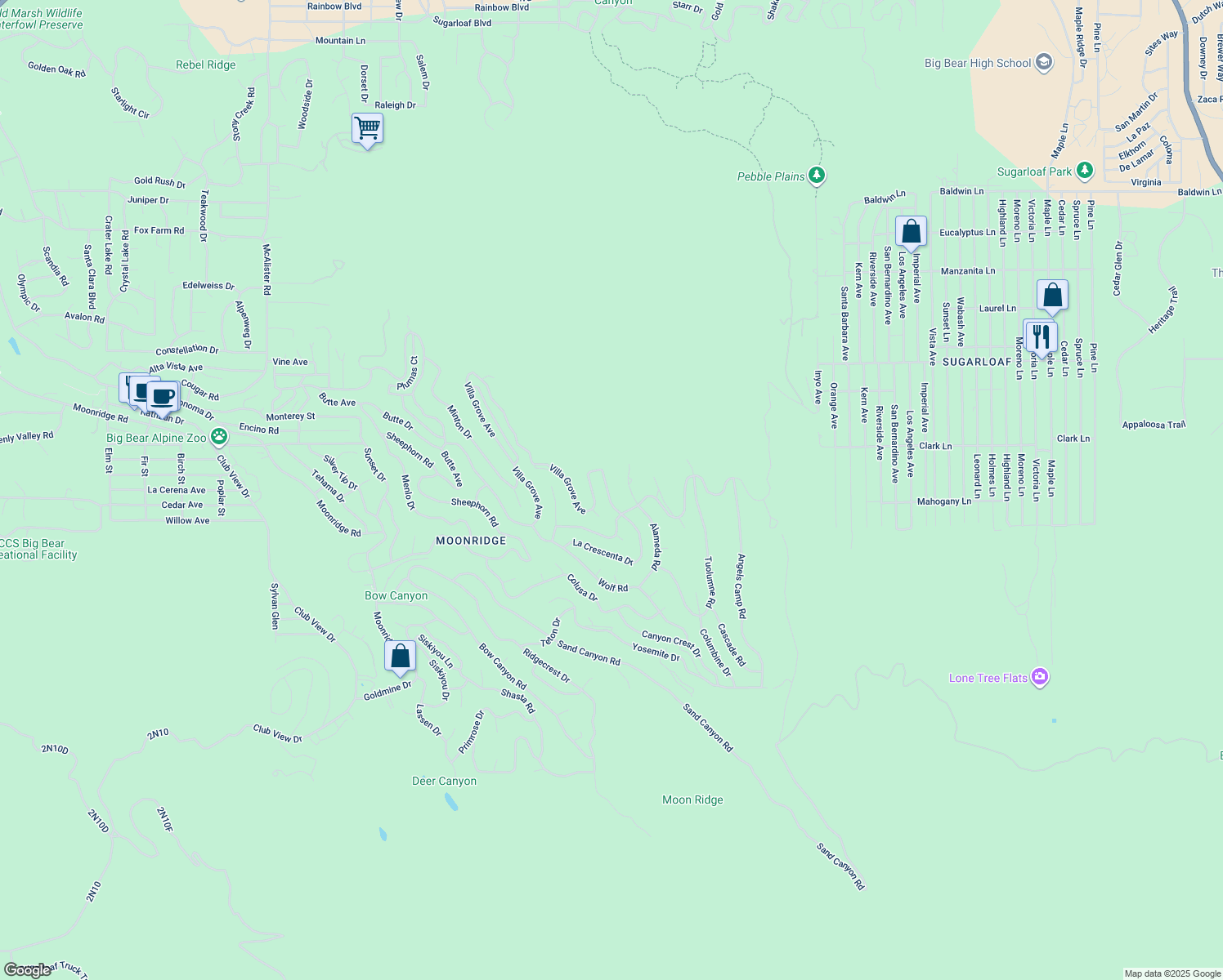 map of restaurants, bars, coffee shops, grocery stores, and more near 1328 Crescenta Drive in Big Bear