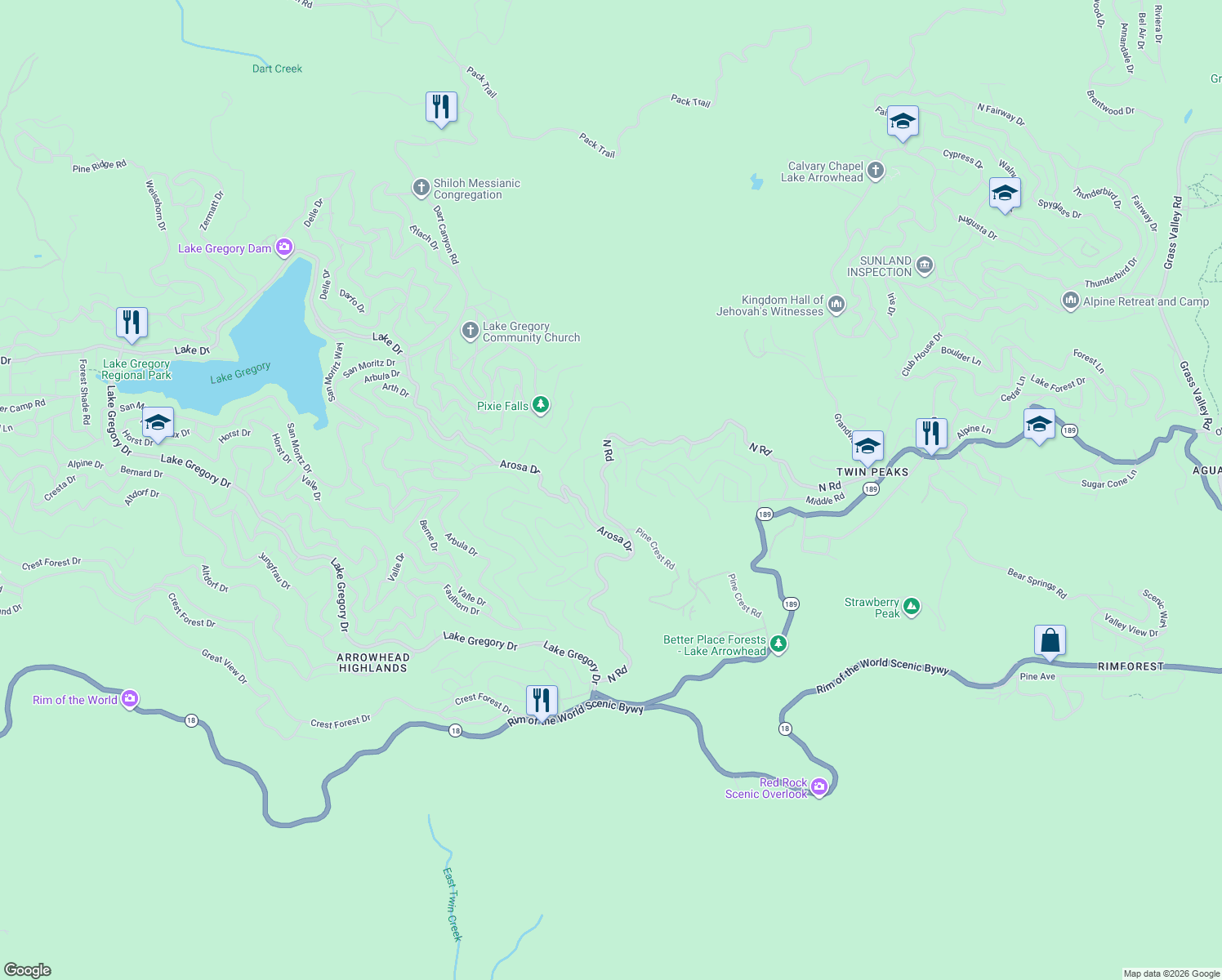map of restaurants, bars, coffee shops, grocery stores, and more near North Road in Twin Peaks
