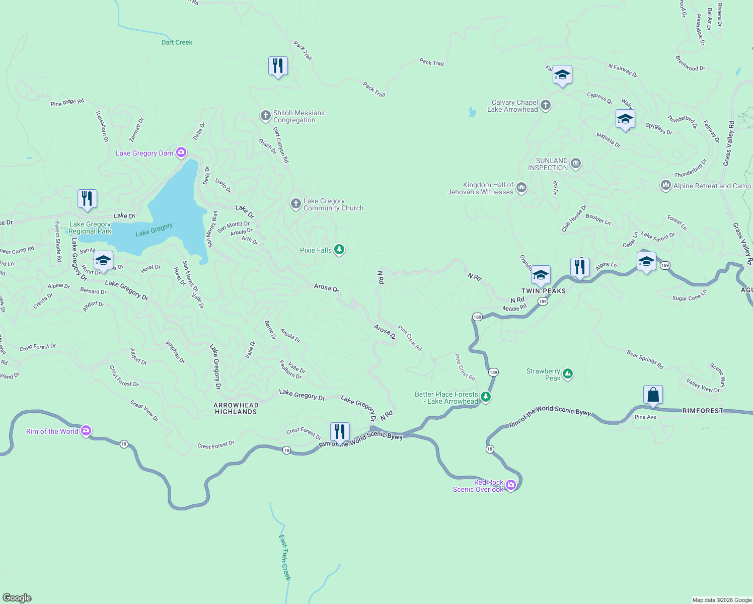 map of restaurants, bars, coffee shops, grocery stores, and more near 25286 North Road in Twin Peaks