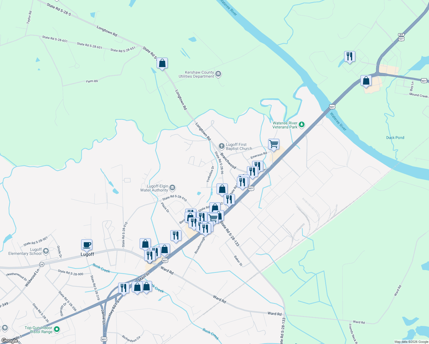 map of restaurants, bars, coffee shops, grocery stores, and more near 116 State Road S-28-664 in Lugoff