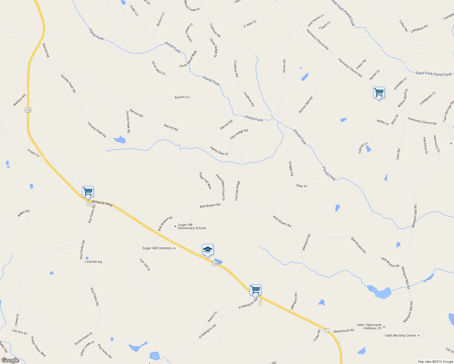 map of restaurants, bars, coffee shops, grocery stores, and more near 3334 Pennington Point Dr in Gainesville