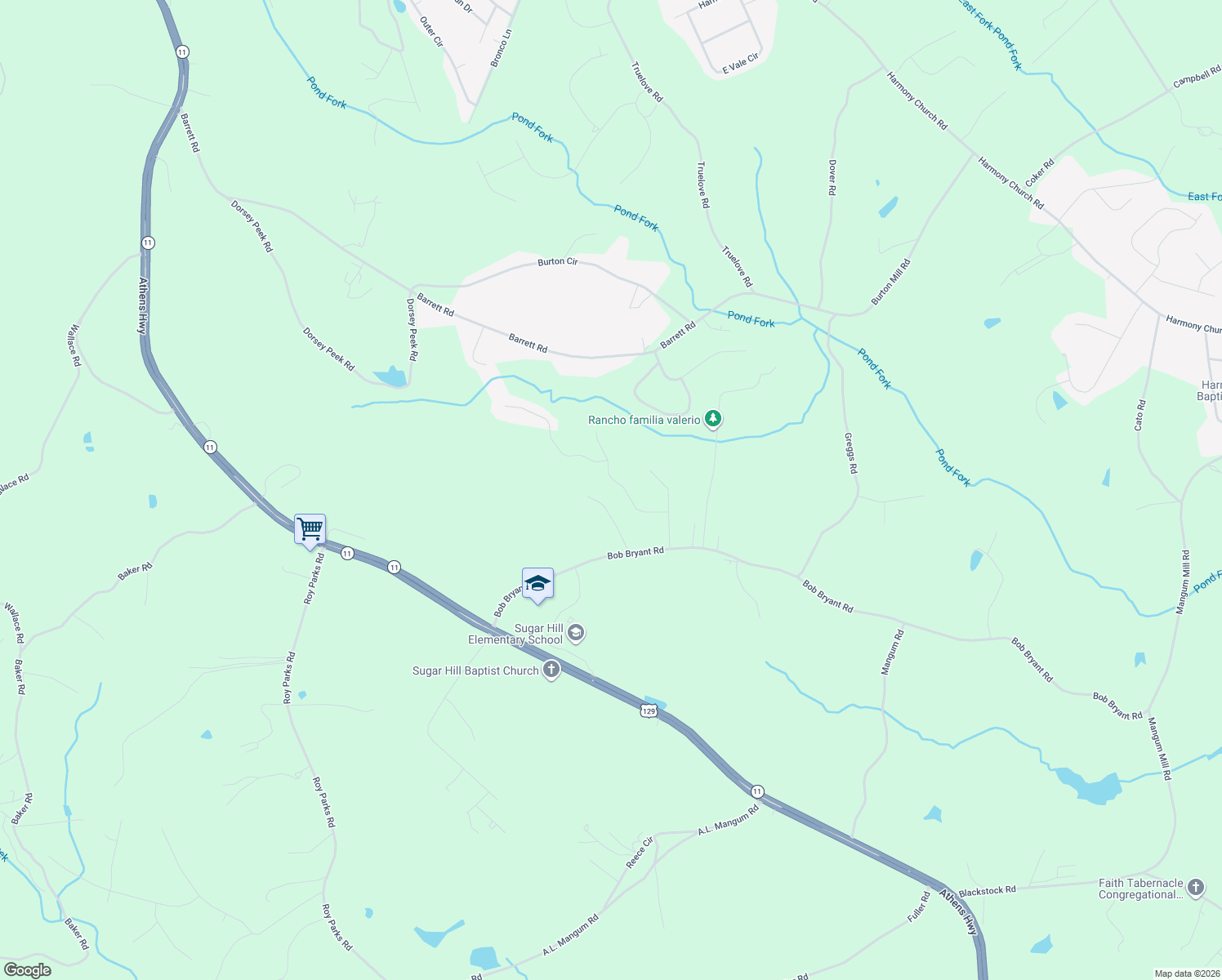 map of restaurants, bars, coffee shops, grocery stores, and more near 3451 Sugar Hill Way in Gainesville