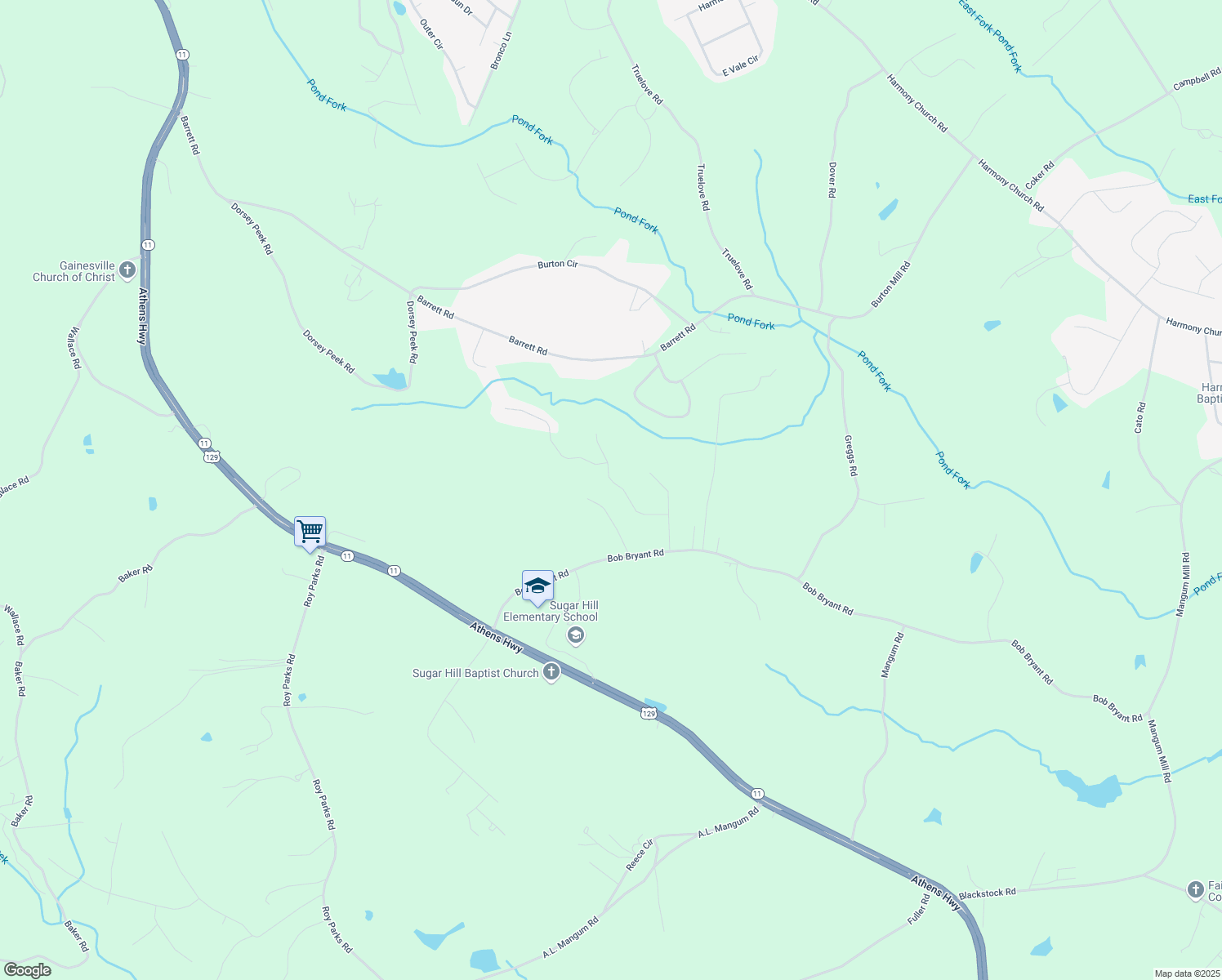 map of restaurants, bars, coffee shops, grocery stores, and more near 3459 Sugar Hill Way in Gainesville