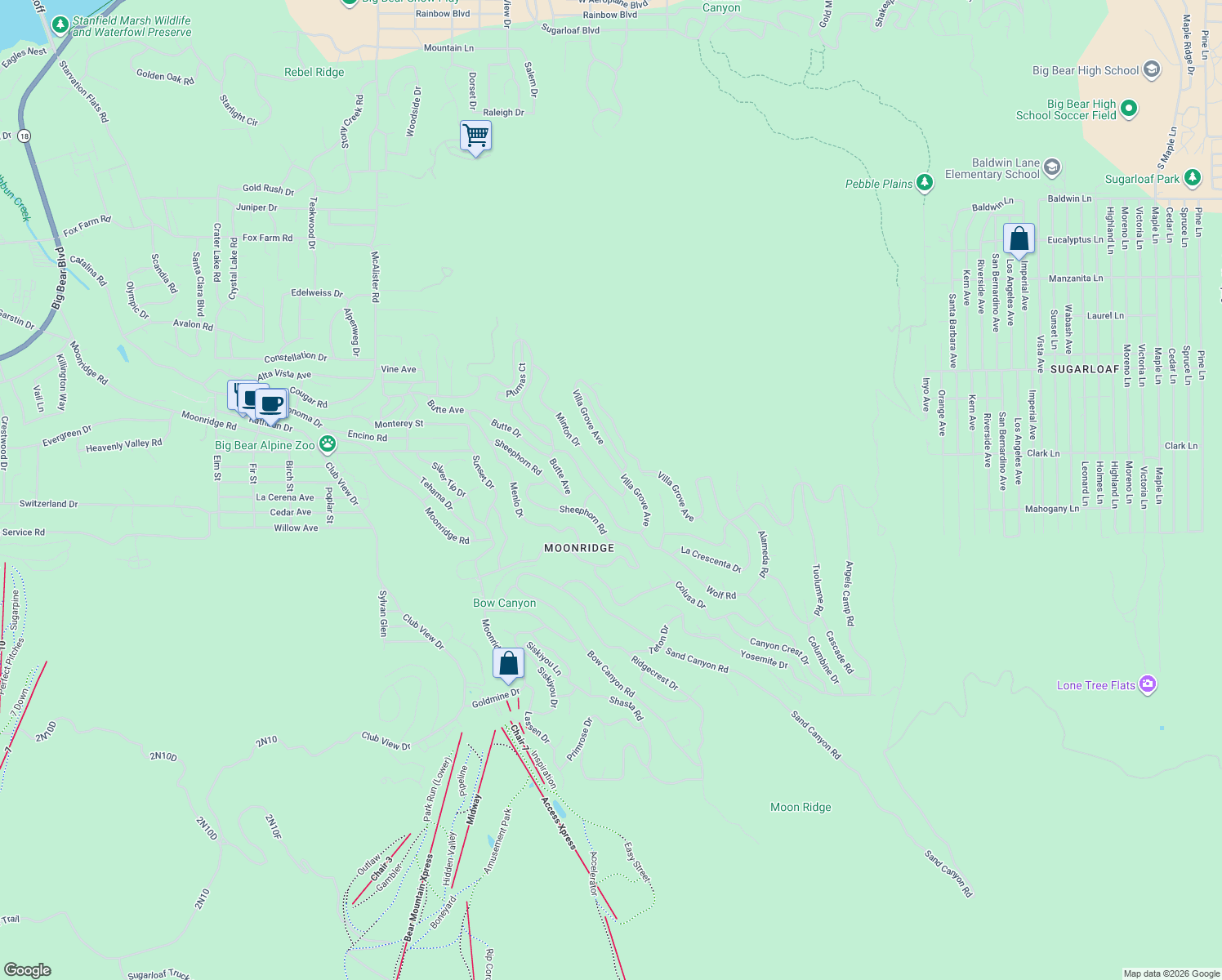 map of restaurants, bars, coffee shops, grocery stores, and more near 1285 Minton Avenue in Big Bear