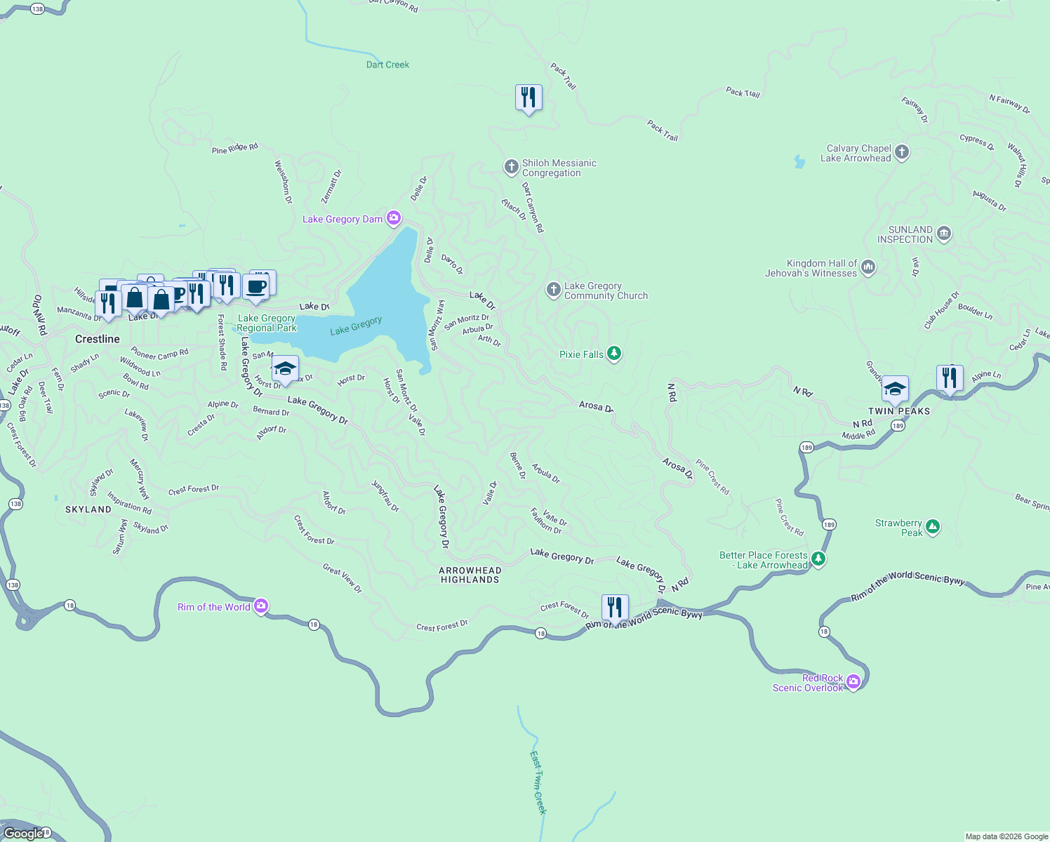 map of restaurants, bars, coffee shops, grocery stores, and more near 24923 Basel Drive in Crestline