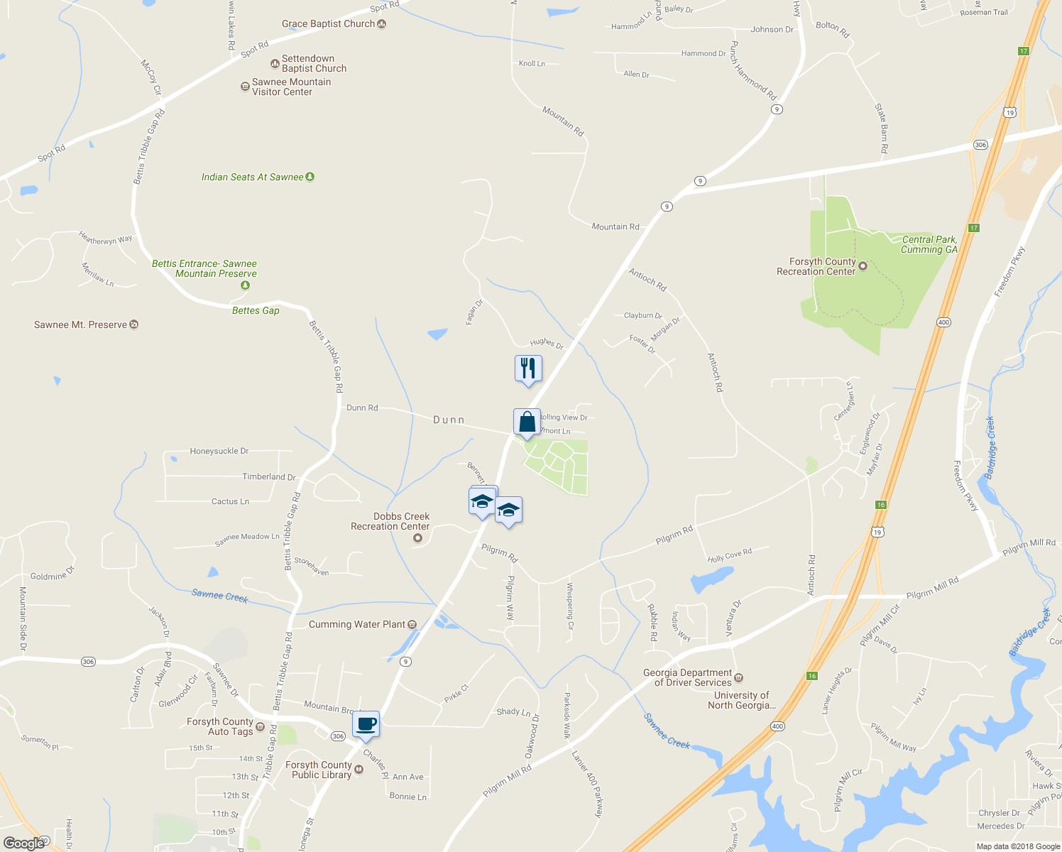 map of restaurants, bars, coffee shops, grocery stores, and more near 1510 Piedmont Lane in Cumming