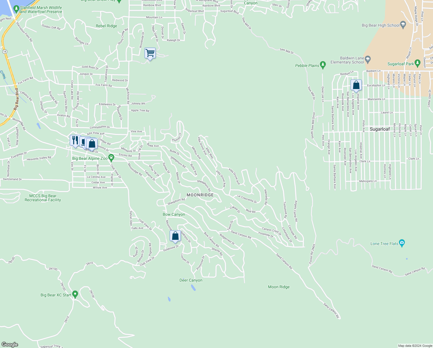 map of restaurants, bars, coffee shops, grocery stores, and more near Villa Grove in Big Bear