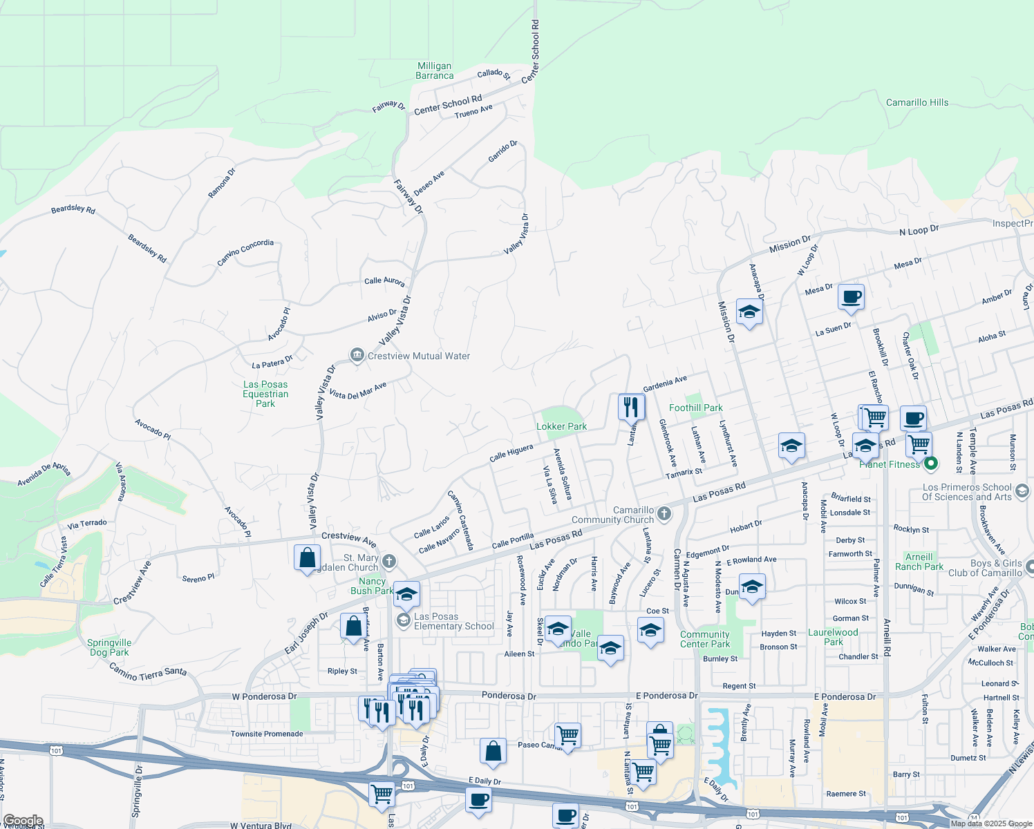 map of restaurants, bars, coffee shops, grocery stores, and more near 685 Vista Coto Verde in Camarillo