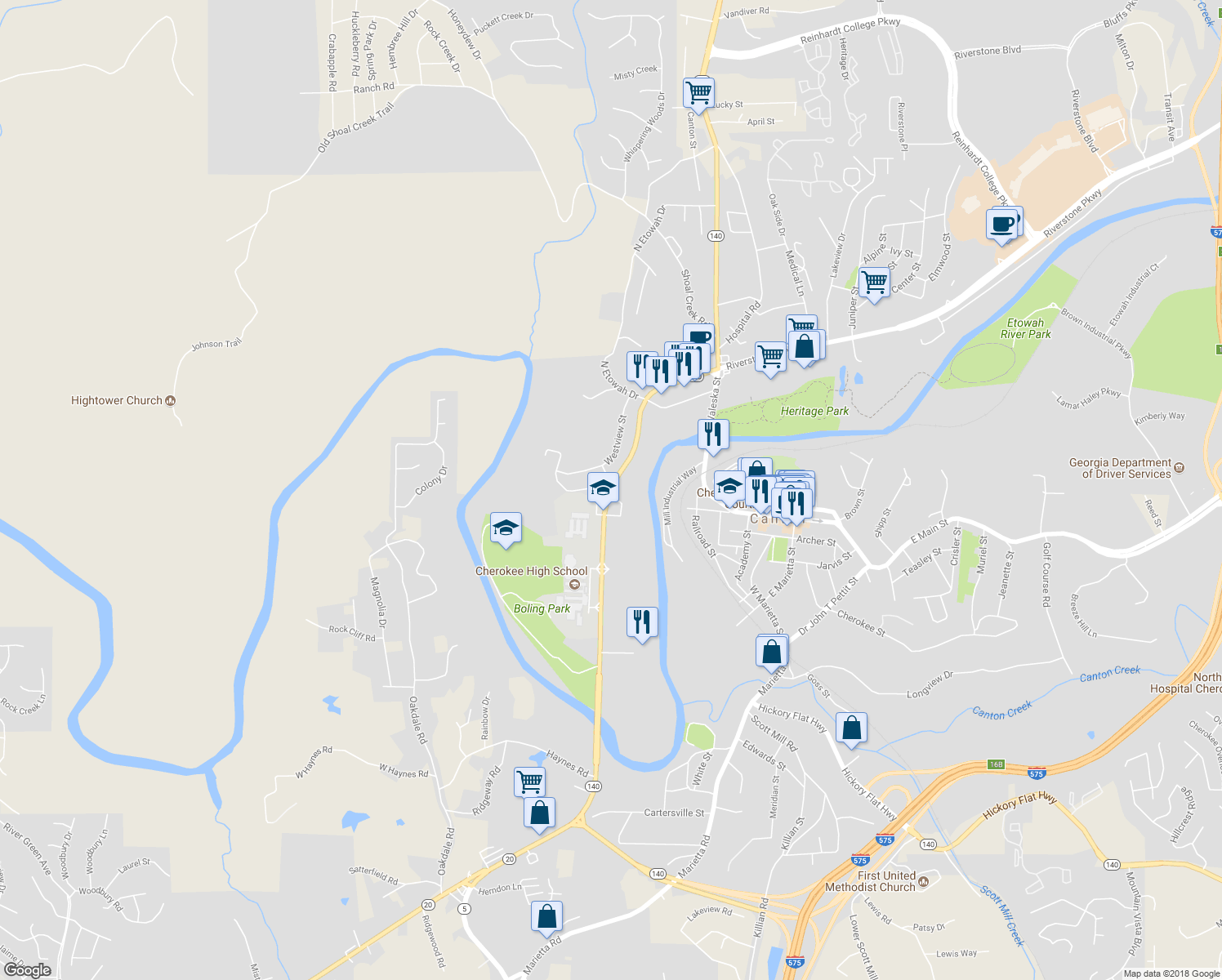 map of restaurants, bars, coffee shops, grocery stores, and more near 630 Marietta Highway in Canton
