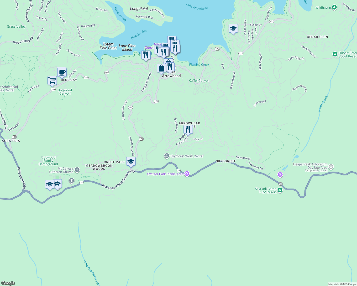 map of restaurants, bars, coffee shops, grocery stores, and more near 832 Community Dr in Lake Arrowhead
