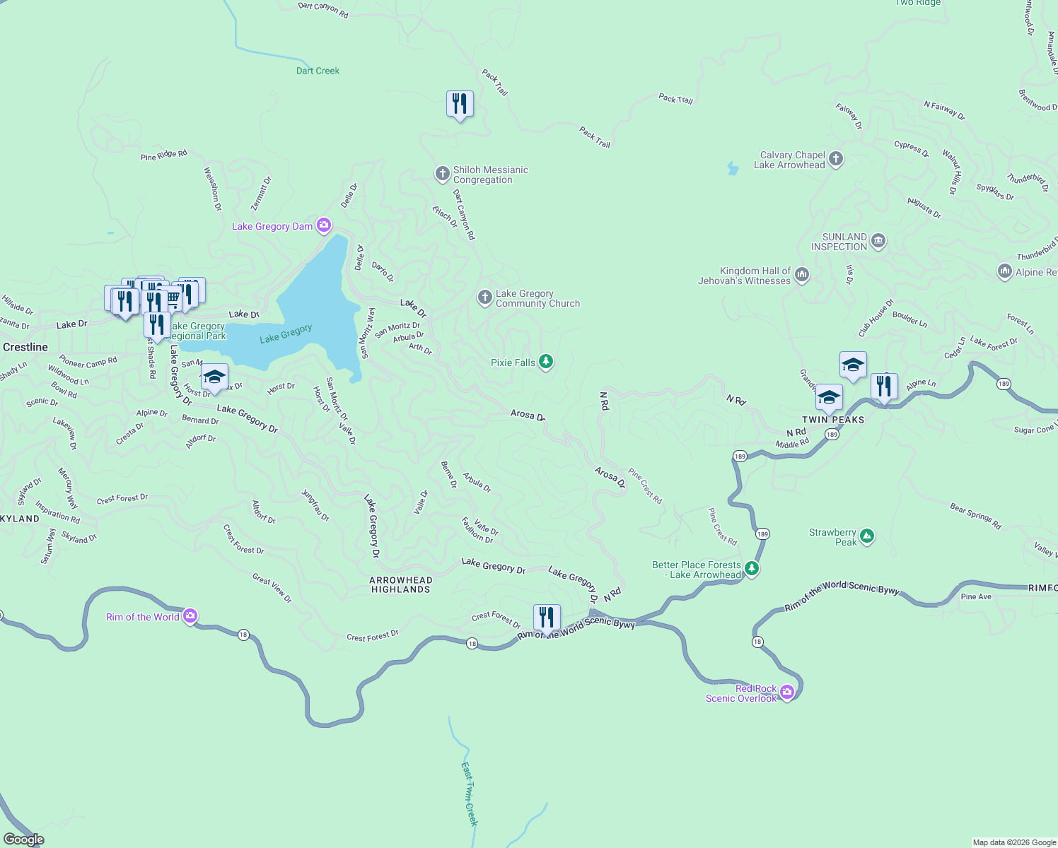 map of restaurants, bars, coffee shops, grocery stores, and more near Saxon Drive in Crestline