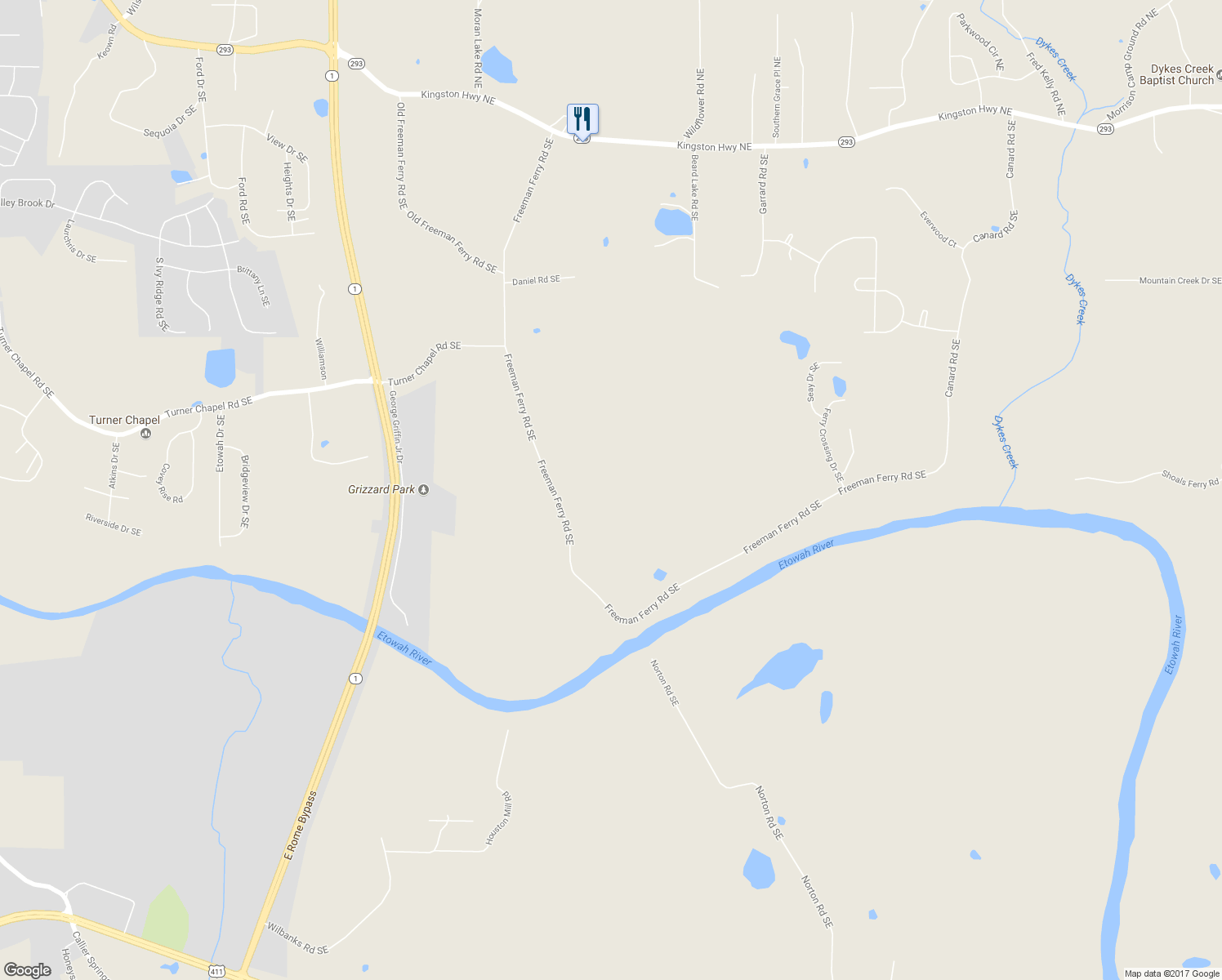 map of restaurants, bars, coffee shops, grocery stores, and more near 627 Freeman Ferry Road Southeast in Rome