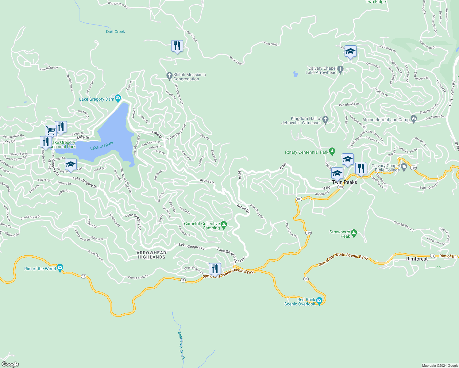 map of restaurants, bars, coffee shops, grocery stores, and more near 830 Chamois Drive in Crestline