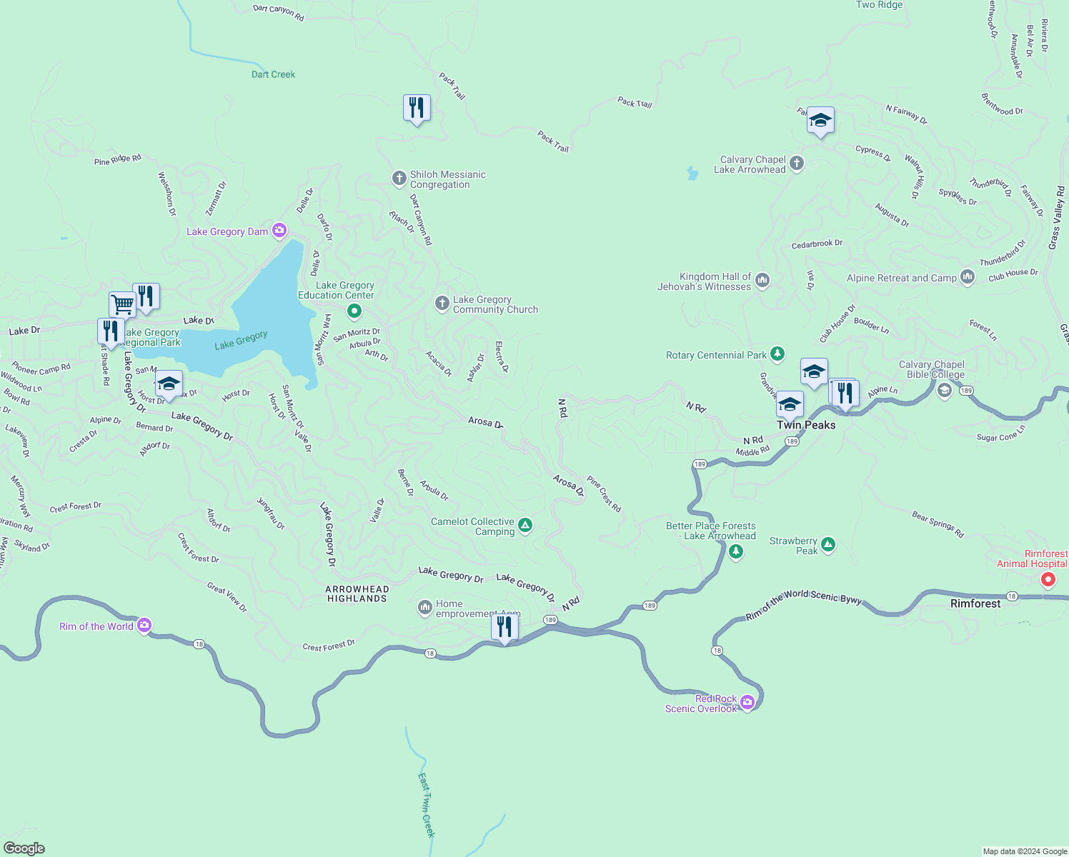 map of restaurants, bars, coffee shops, grocery stores, and more near 830 Chamois Drive in Crestline