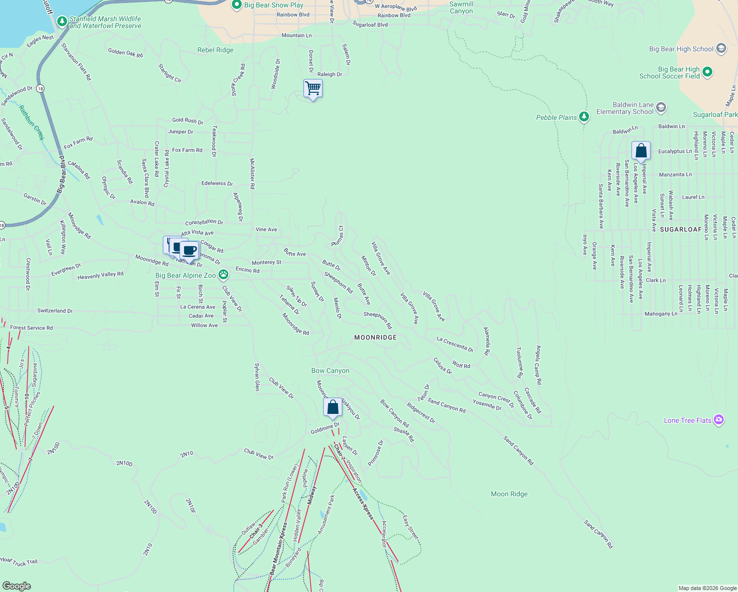 map of restaurants, bars, coffee shops, grocery stores, and more near 684 Butte Avenue in Big Bear Lake