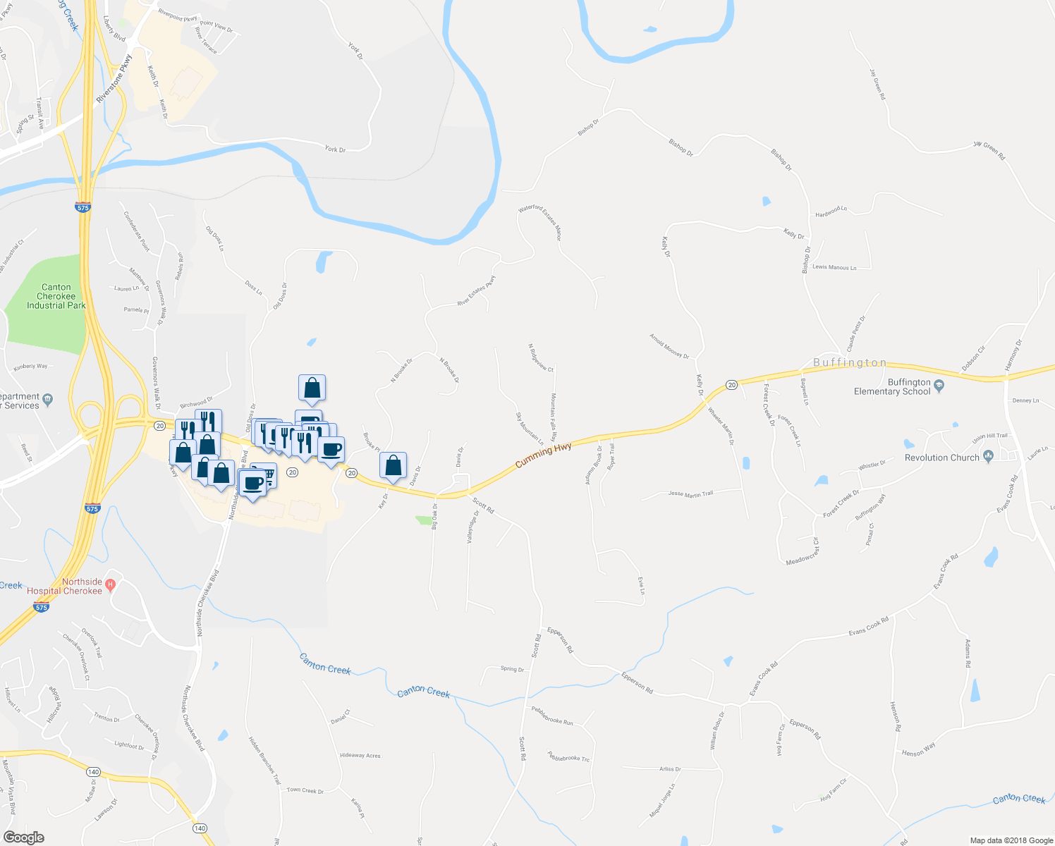 map of restaurants, bars, coffee shops, grocery stores, and more near 214 Sky Mountain Lane in Canton