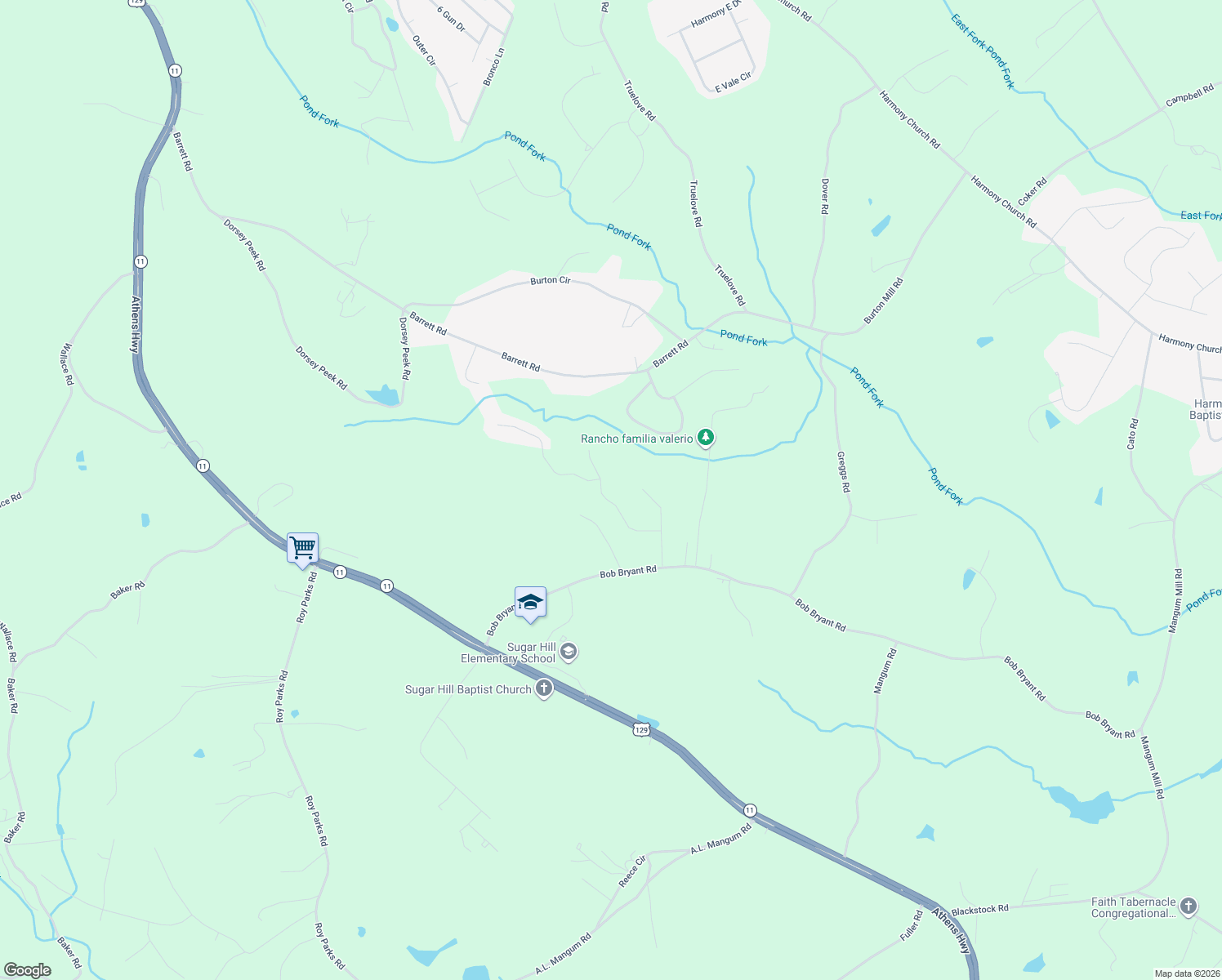 map of restaurants, bars, coffee shops, grocery stores, and more near 3502 Sugar Hill Way in Gainesville