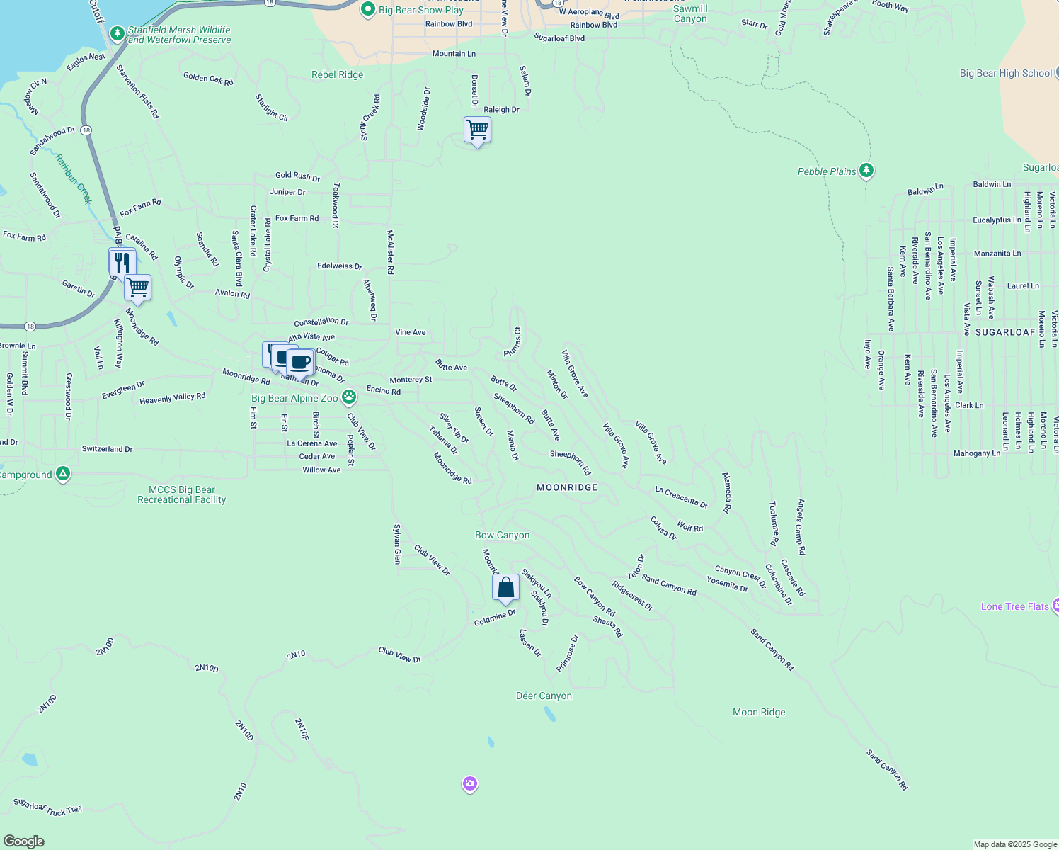 map of restaurants, bars, coffee shops, grocery stores, and more near 1193 Sheephorn Road in Big Bear