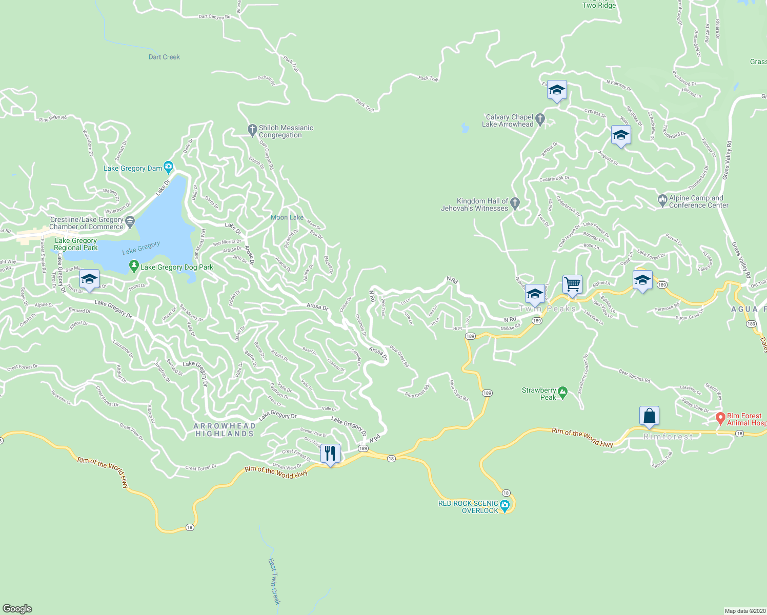 map of restaurants, bars, coffee shops, grocery stores, and more near Pine Trail in San Bernardino County