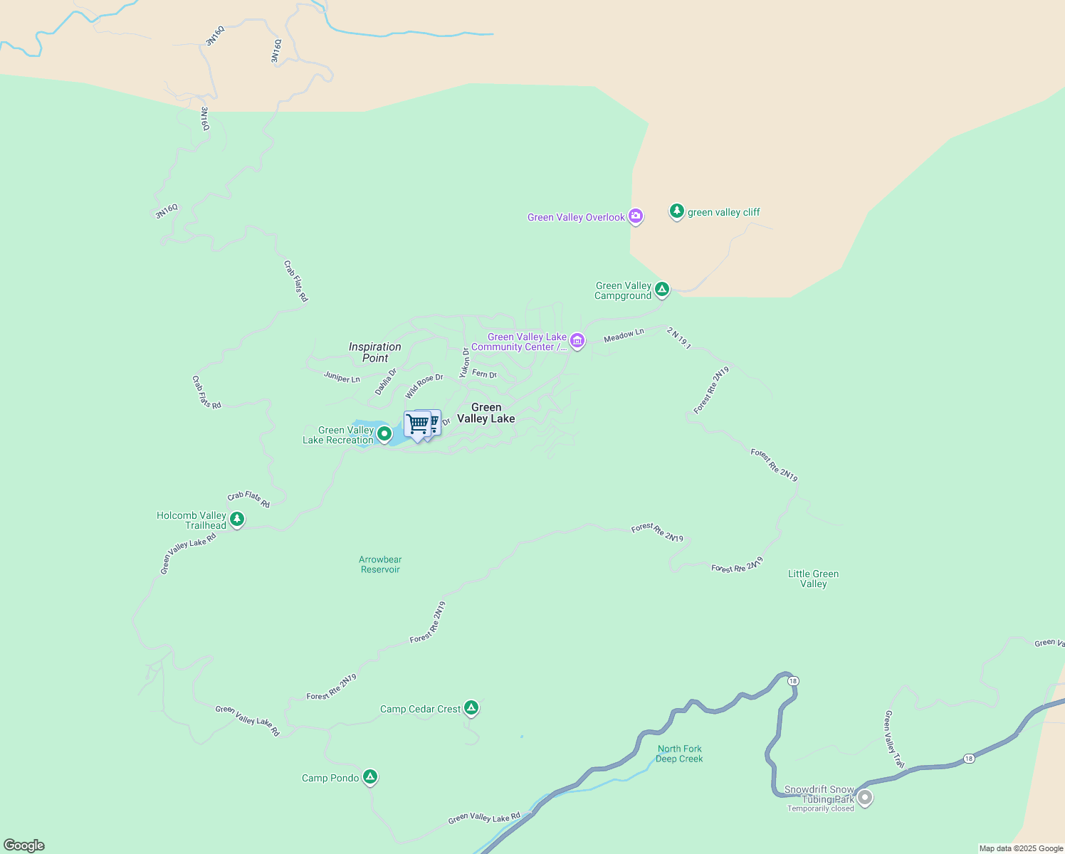 map of restaurants, bars, coffee shops, grocery stores, and more near 32514 San Antonio Drive in Green Valley Lake