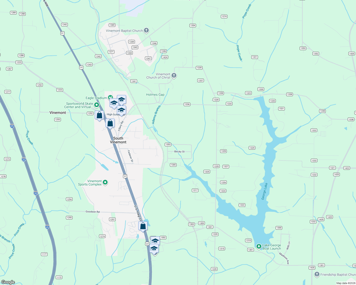 map of restaurants, bars, coffee shops, grocery stores, and more near 1215 County Road 1303 in Cullman