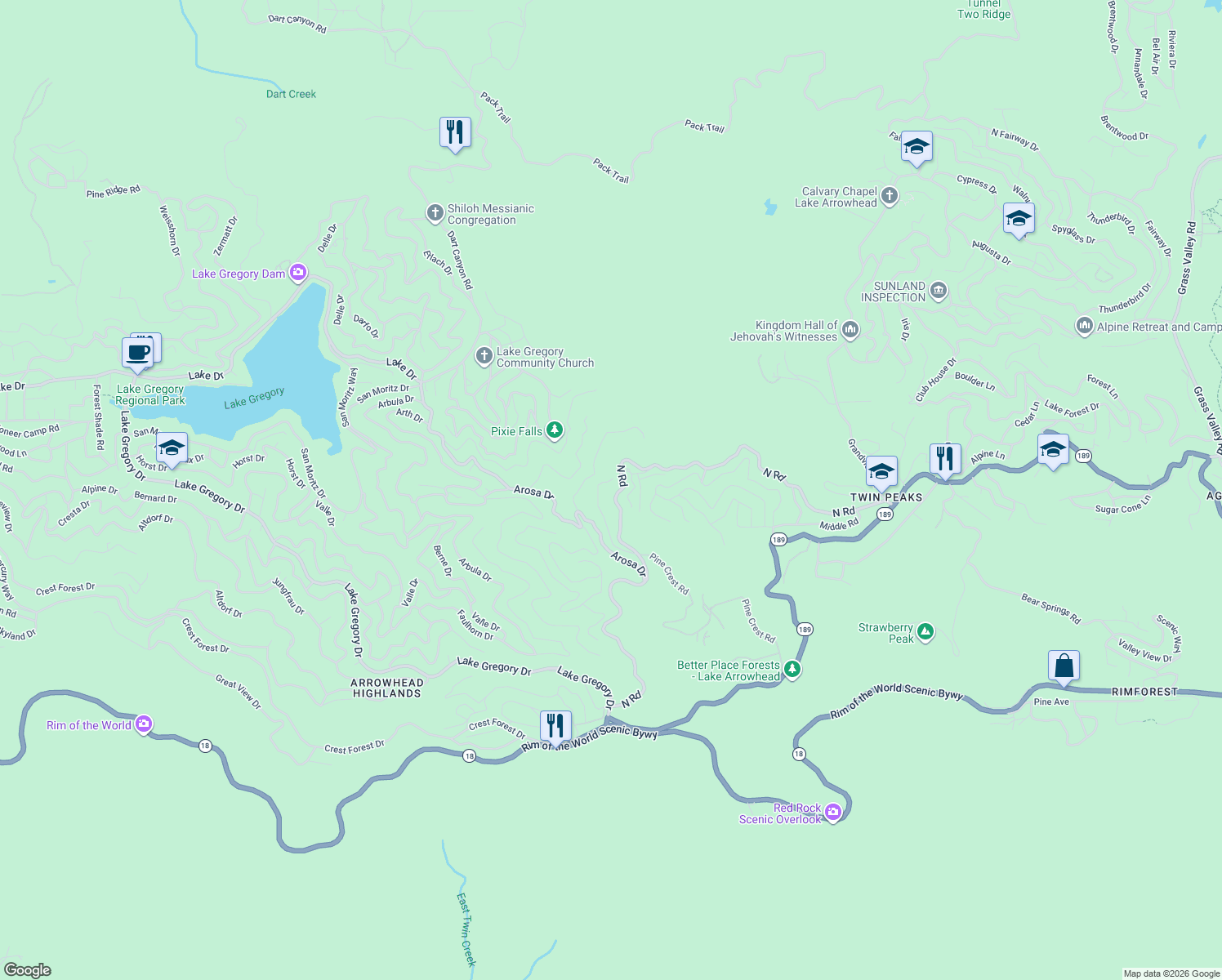 map of restaurants, bars, coffee shops, grocery stores, and more near 787 Forest Glen Road in Crestline