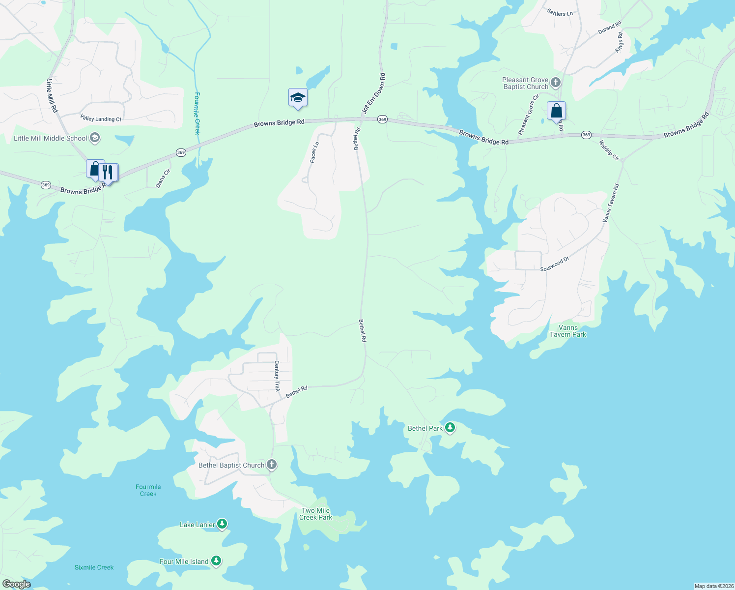 map of restaurants, bars, coffee shops, grocery stores, and more near 8165 Bethel Road in Gainesville