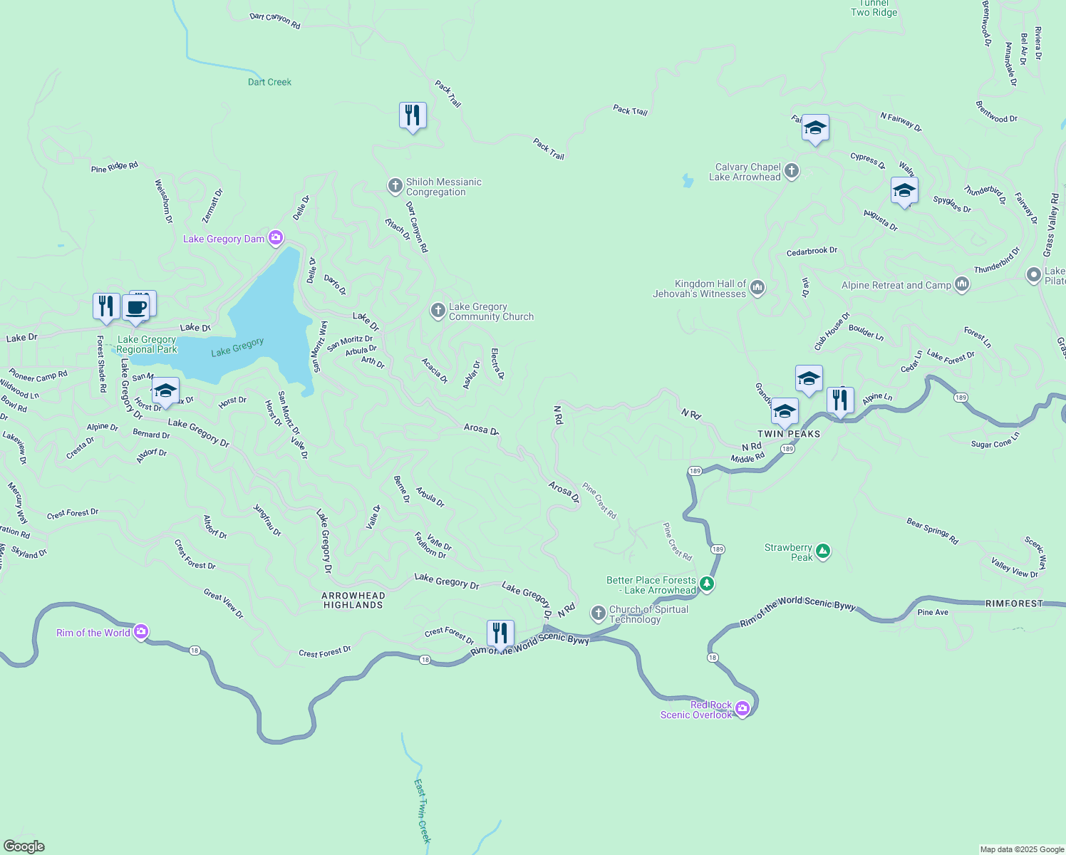 map of restaurants, bars, coffee shops, grocery stores, and more near 816 Chamois Drive in Crestline
