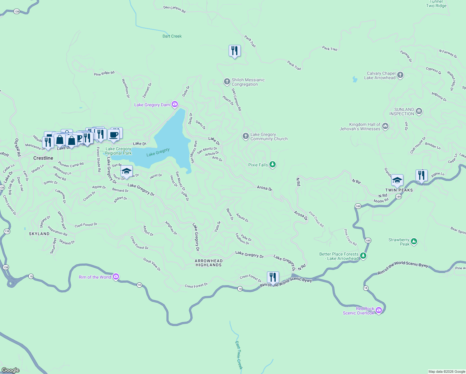 map of restaurants, bars, coffee shops, grocery stores, and more near 24910 Saxon Drive in Crestline