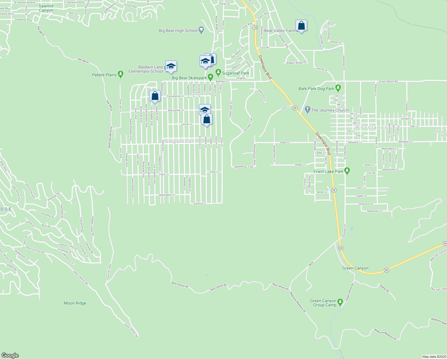map of restaurants, bars, coffee shops, grocery stores, and more near 747 Pine Lane in Big Bear