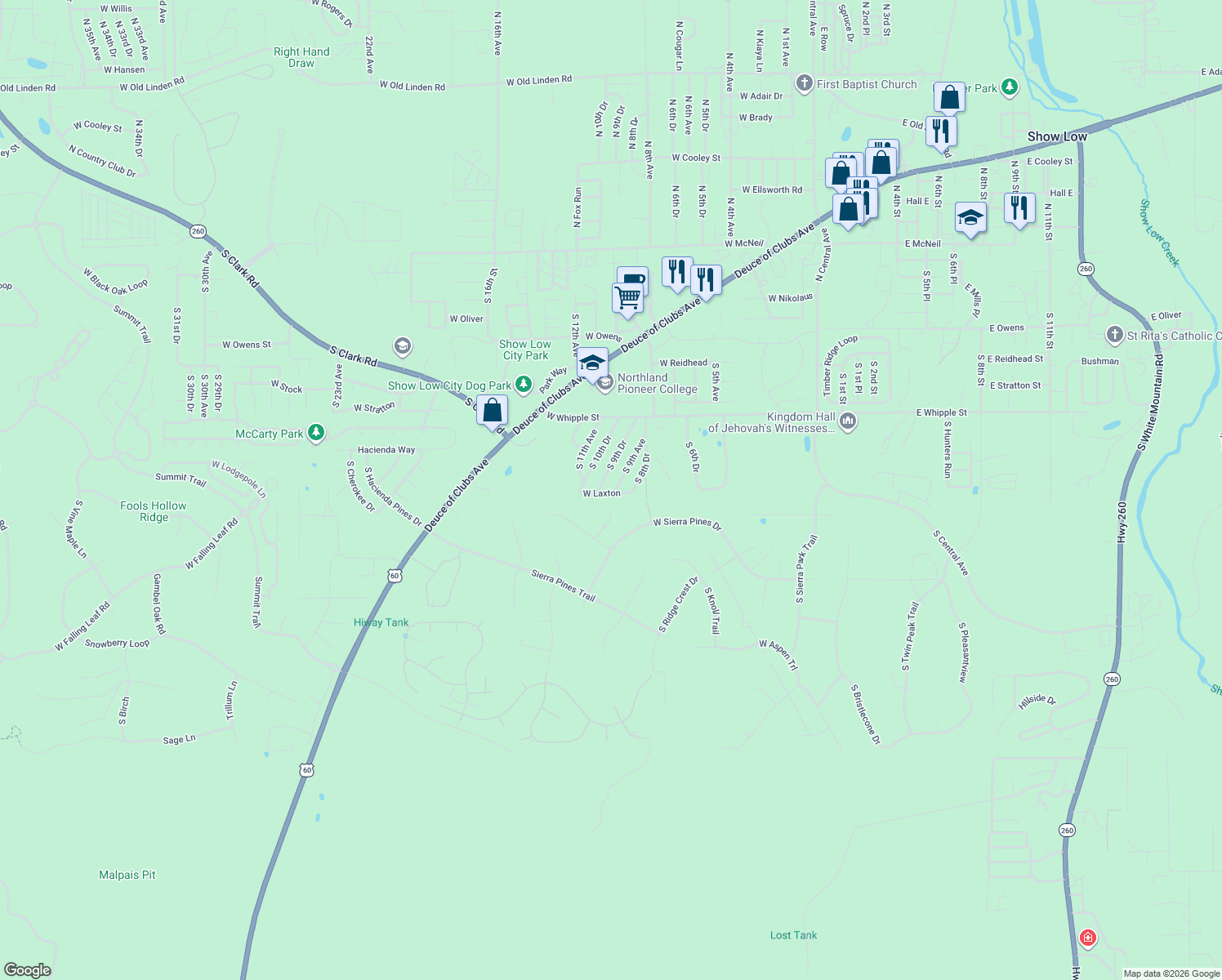 map of restaurants, bars, coffee shops, grocery stores, and more near 1160 S 9th Dr in Show Low