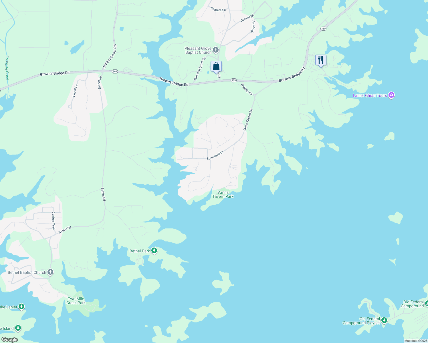 map of restaurants, bars, coffee shops, grocery stores, and more near 9055 Ponderosa Trail in Gainesville