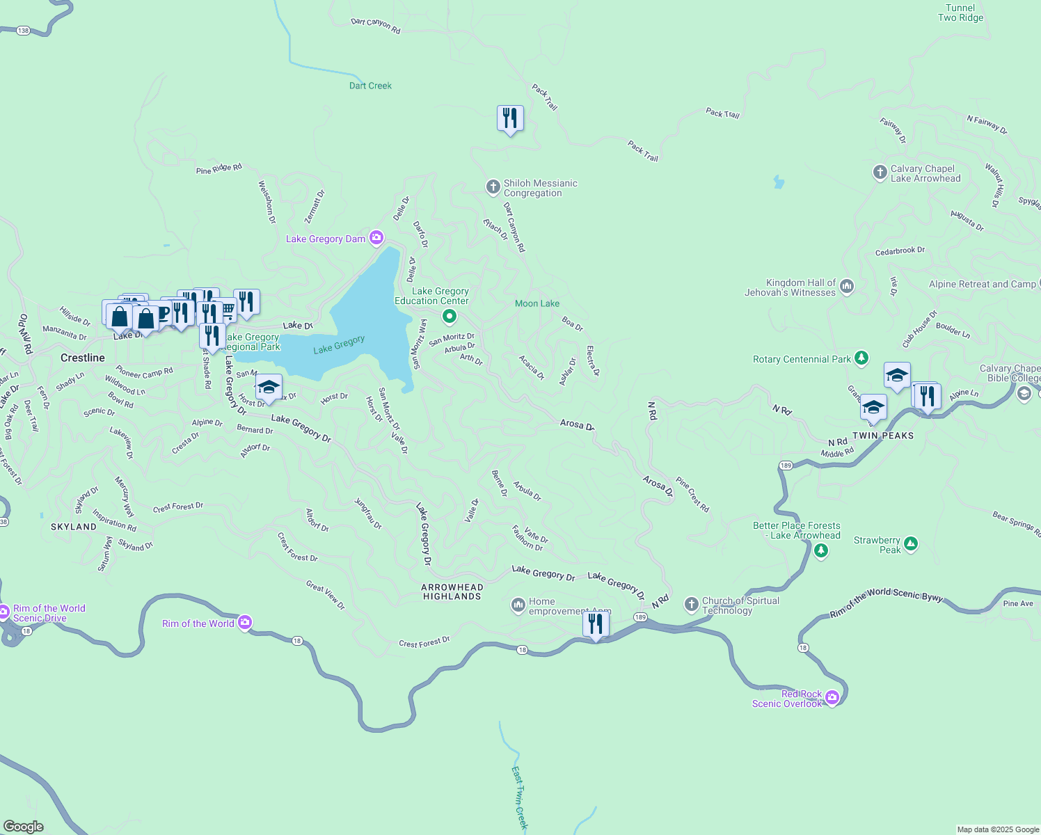 map of restaurants, bars, coffee shops, grocery stores, and more near 24960 Saxon Drive in Crestline