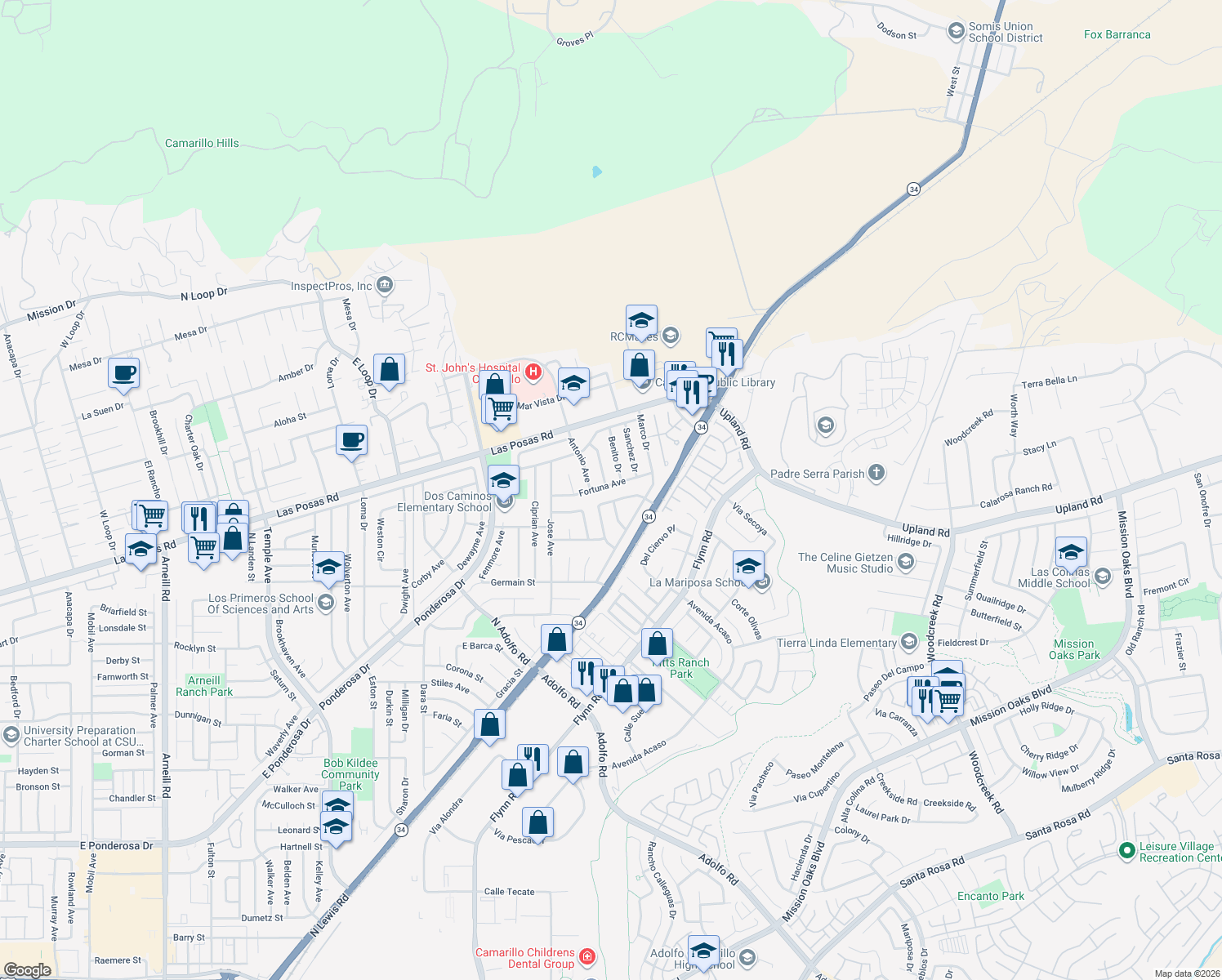 map of restaurants, bars, coffee shops, grocery stores, and more near 4130 Fortuna Avenue in Camarillo