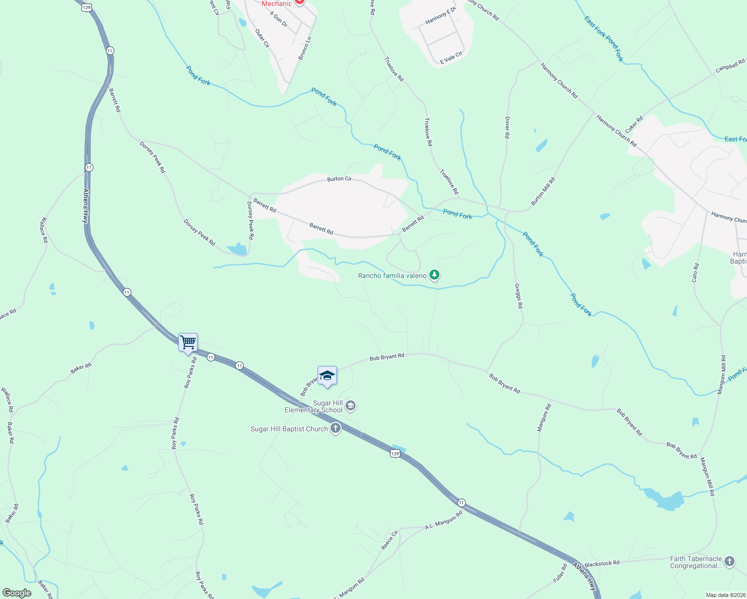 map of restaurants, bars, coffee shops, grocery stores, and more near 3502 Sugar Hill Way in Gainesville