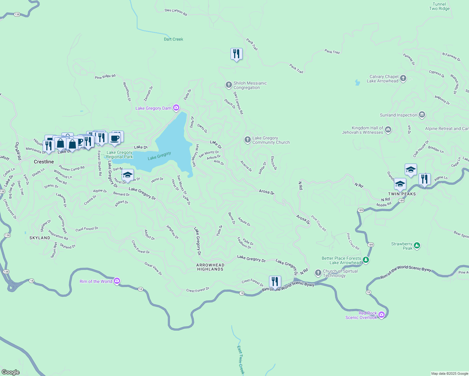 map of restaurants, bars, coffee shops, grocery stores, and more near 24910 Saxon Drive in Crestline